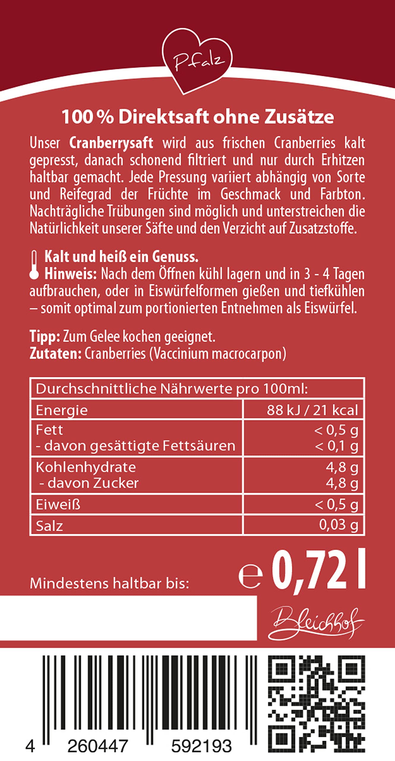 BLEICHHOF® Cranberrysaft - Direktsaft, vegan (6x0,72L)