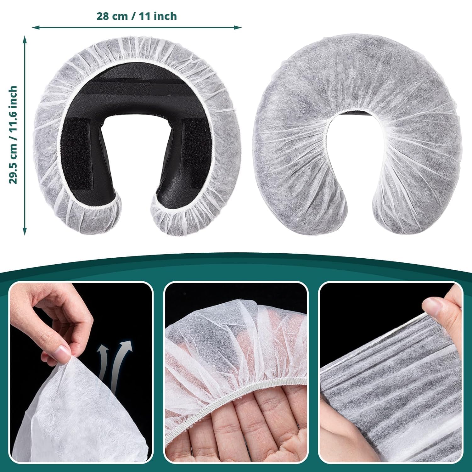Lot de 100 Non Tissé Protege Têtière pour Table de Massage 36x33CM Jetable Couvre-Visage Housses D'appui-tête Pour Fente Nasale Coussin Facial Jetable pour Salons Beauté Spa Hôtels Tatouages Lash Bed