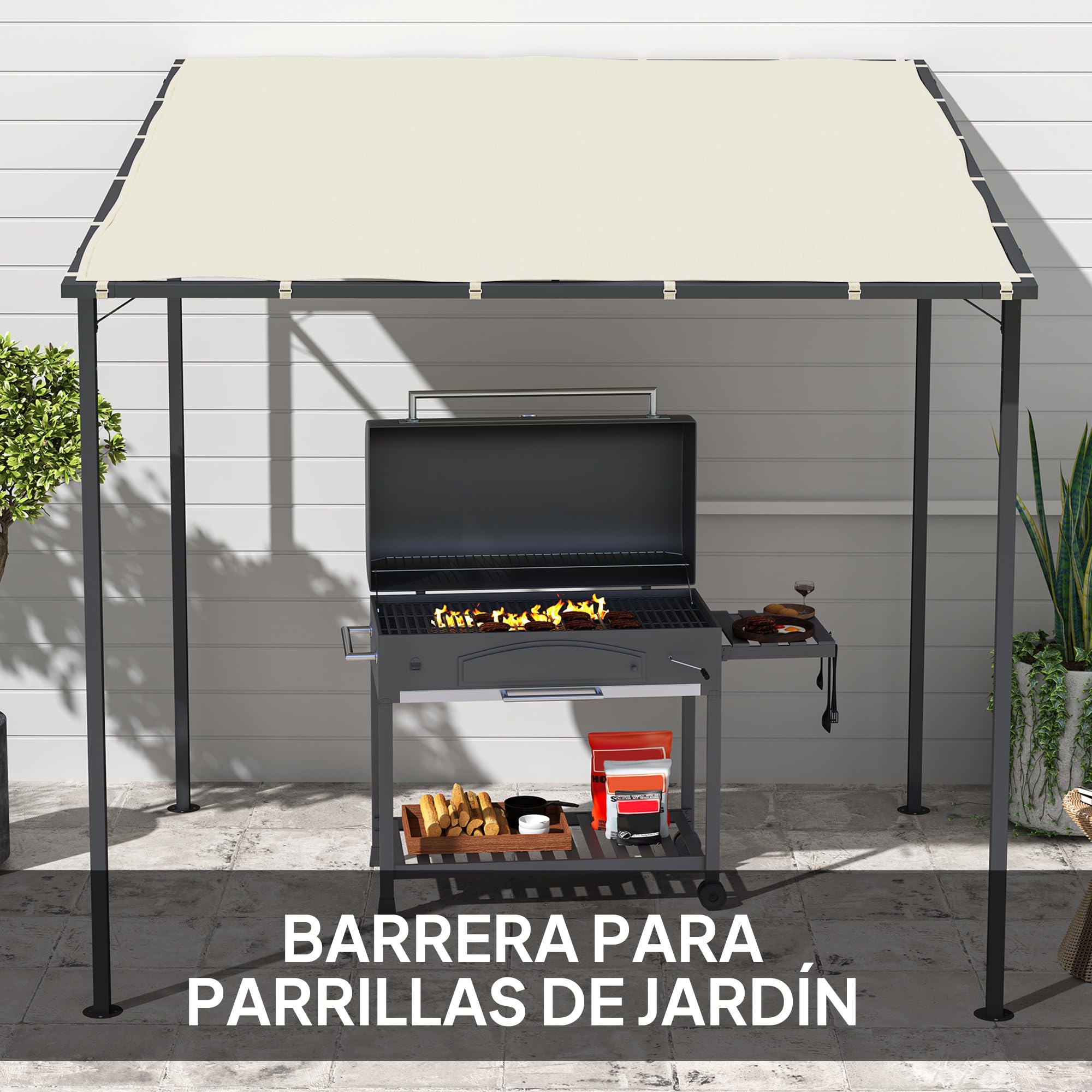 Outsunny Pérgola de Pared 2,4x2,4 m Cenador de Jardín Protección UV 30+ con Techo Inclinado Impermeable y Marco de Metal para Terraza Patio Balcón Crema