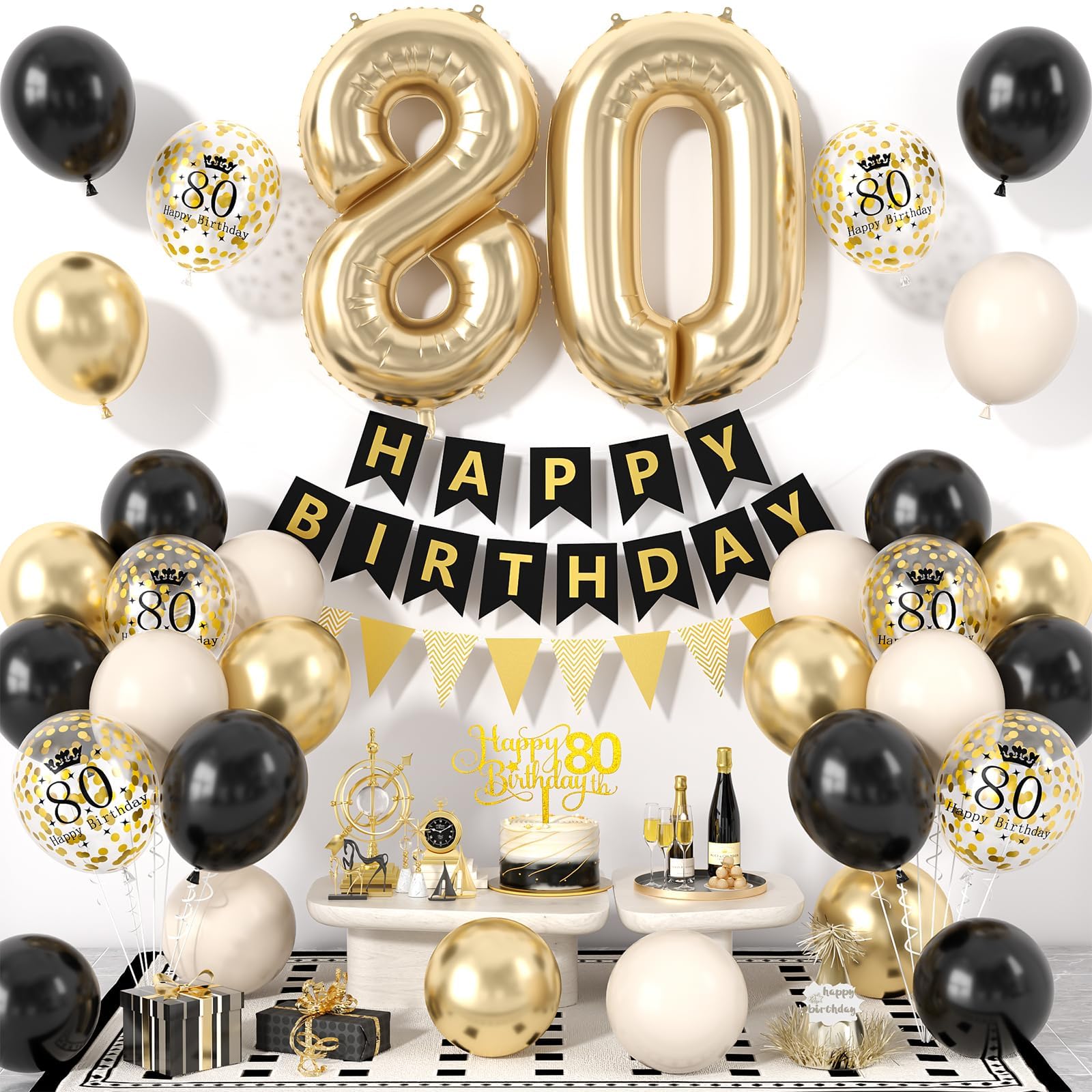 80th Birthday Decorations Black Gold for Men Women,Happy Birthday Banner with Cake Toppers,Confetti Balloons,Number 80 Balloons for 80 Years Old Party
