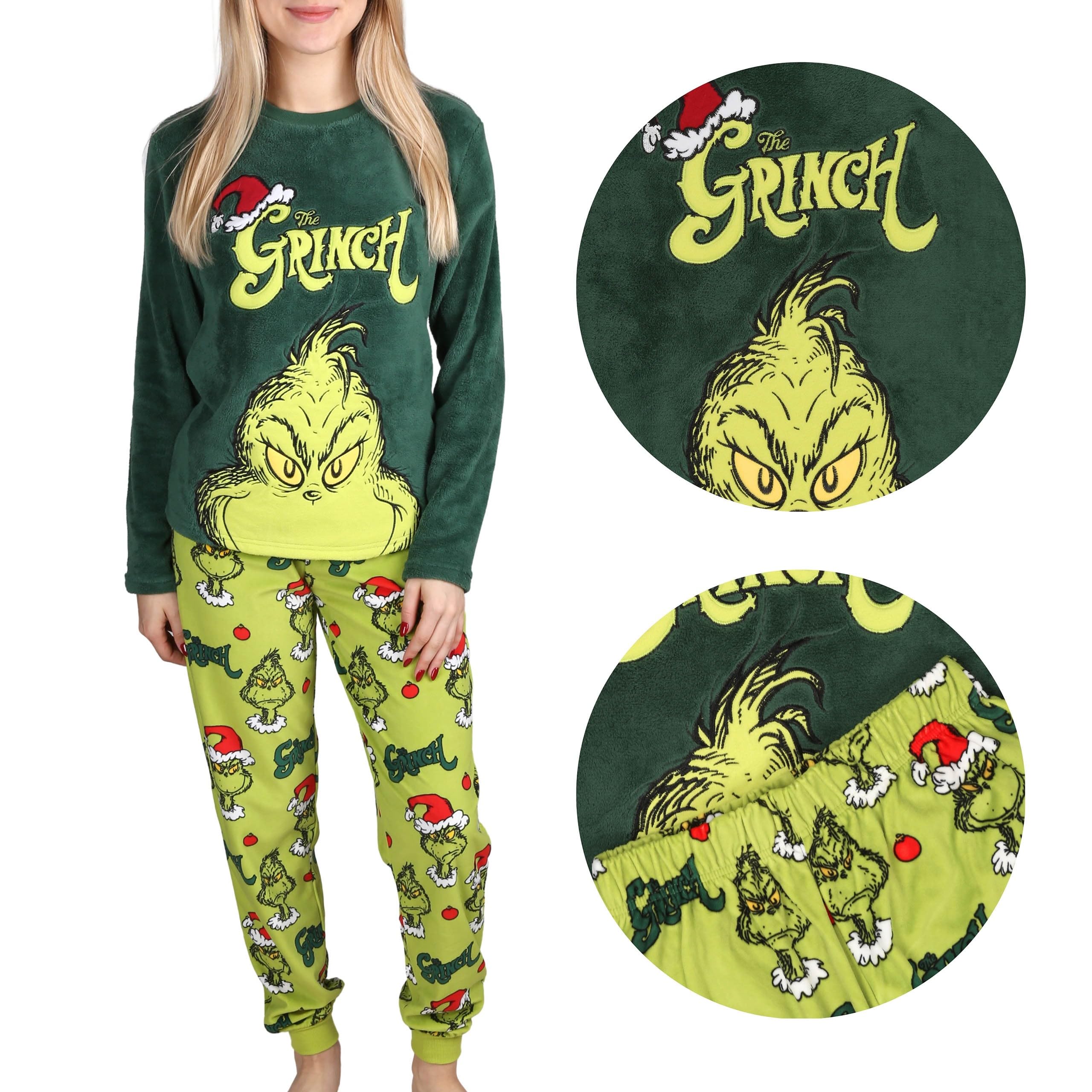sarcia.eu Pigiama da Donna in Pile Verde Grinch, Caldo, a Manica Lunga, Festivo