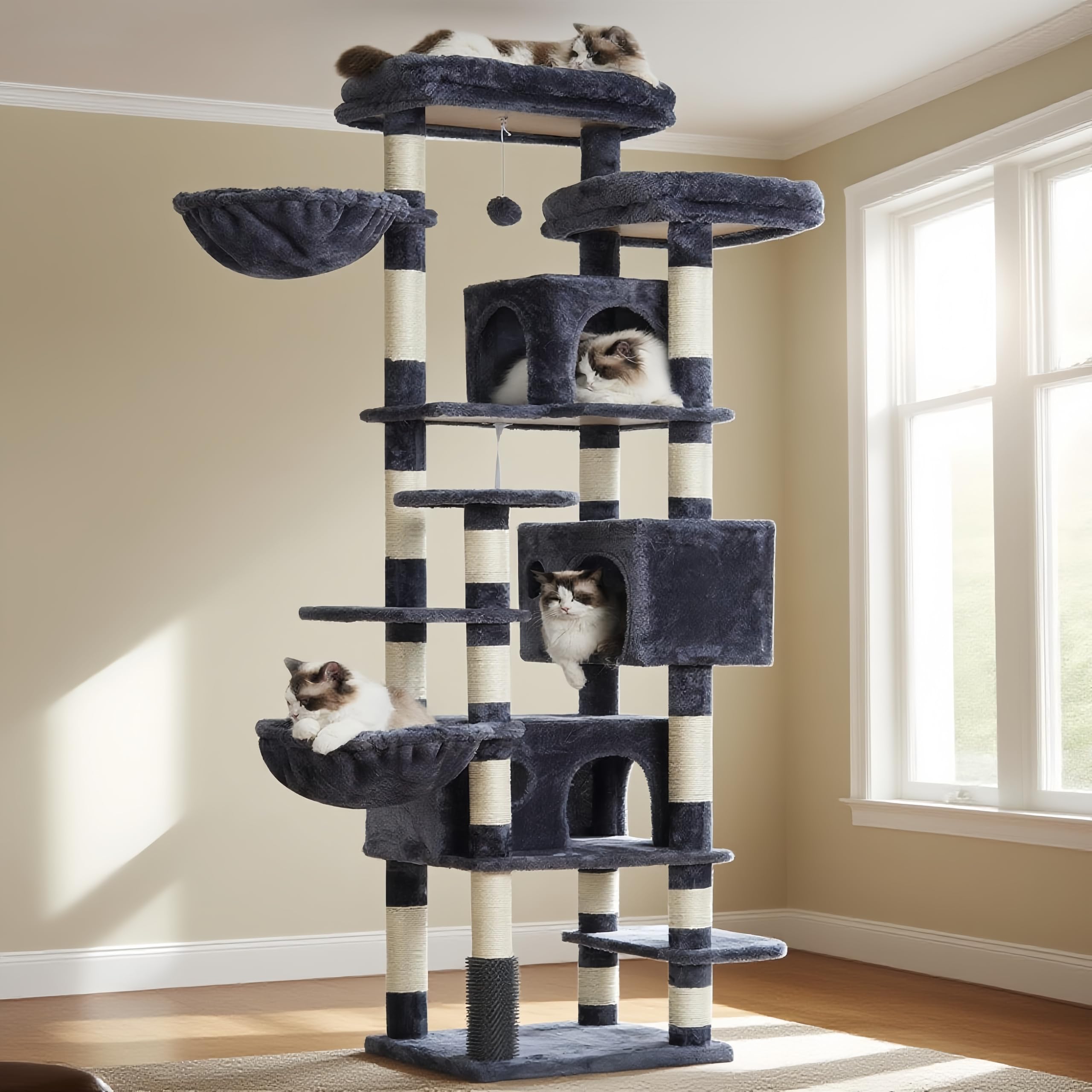 Hey-brother Kratzbaum, 188 cm Katzenbaum, XXL Kletterbaum mit 2 groß Plattform, 3 Höhlen, 2 Korb, Plüschbälle und Sisal Kratzbäume, mehrstöckiger Katzenkratzbaum