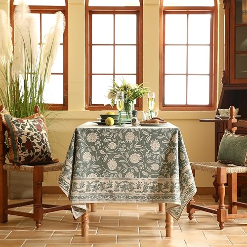 Miniatura 3 de ISAENNE - Mantel verde grisáceo para mesas rectangulares, mantel de lino con flores blancas claras, mantel duradero para comedor, Acción de Gracias,