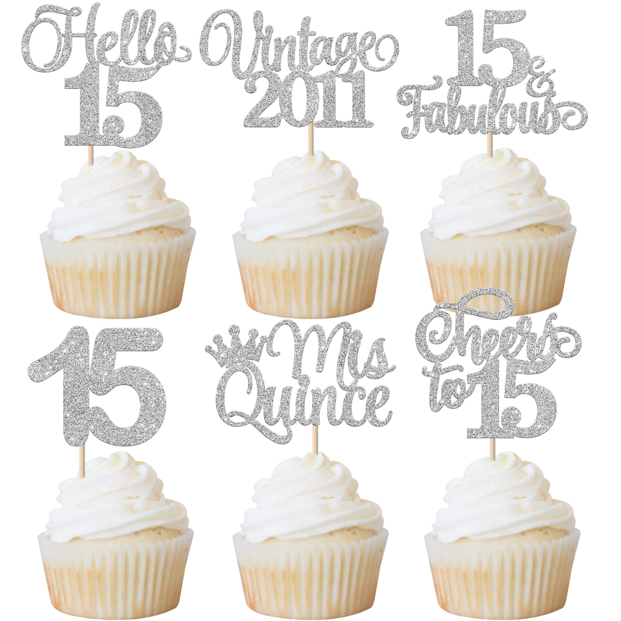 Xsstarmi 24 Pack Vintage 2011 Cupcake Toppers Glitter Silver Mis Qunice Fifteen Hello 15 Cupcake Picks Cheers to 15 Fabulous Cake Decorations for Happy 15th Birthday Anniversary Party Supplies
