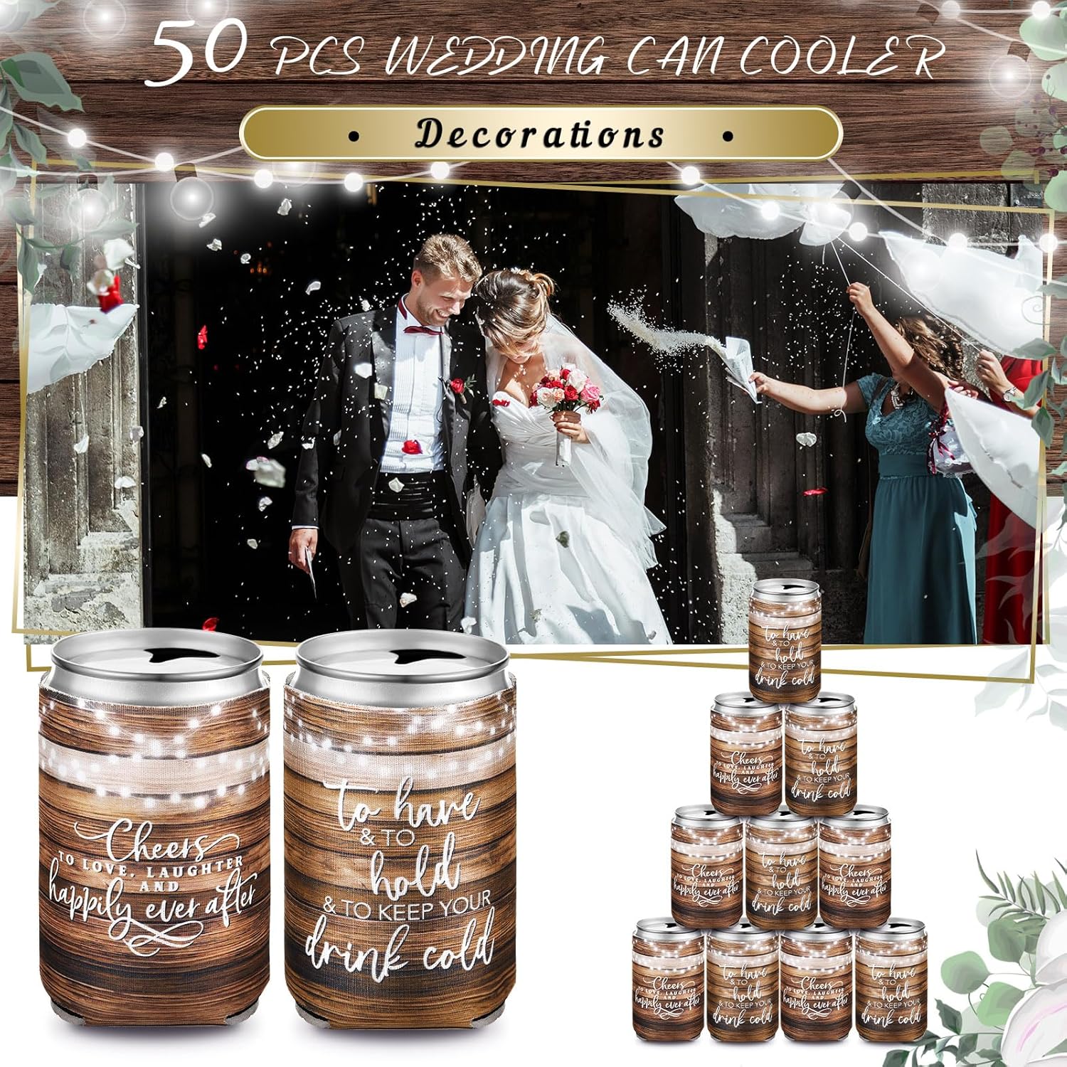 Qinyoung 50 Pieces Wood Grain Wedding Can Cooler Bulk Engagement Party Favors for Guests Cheers to Love and Happily Ever After Rehearsal Dinner Decorations for Wedding Bridal