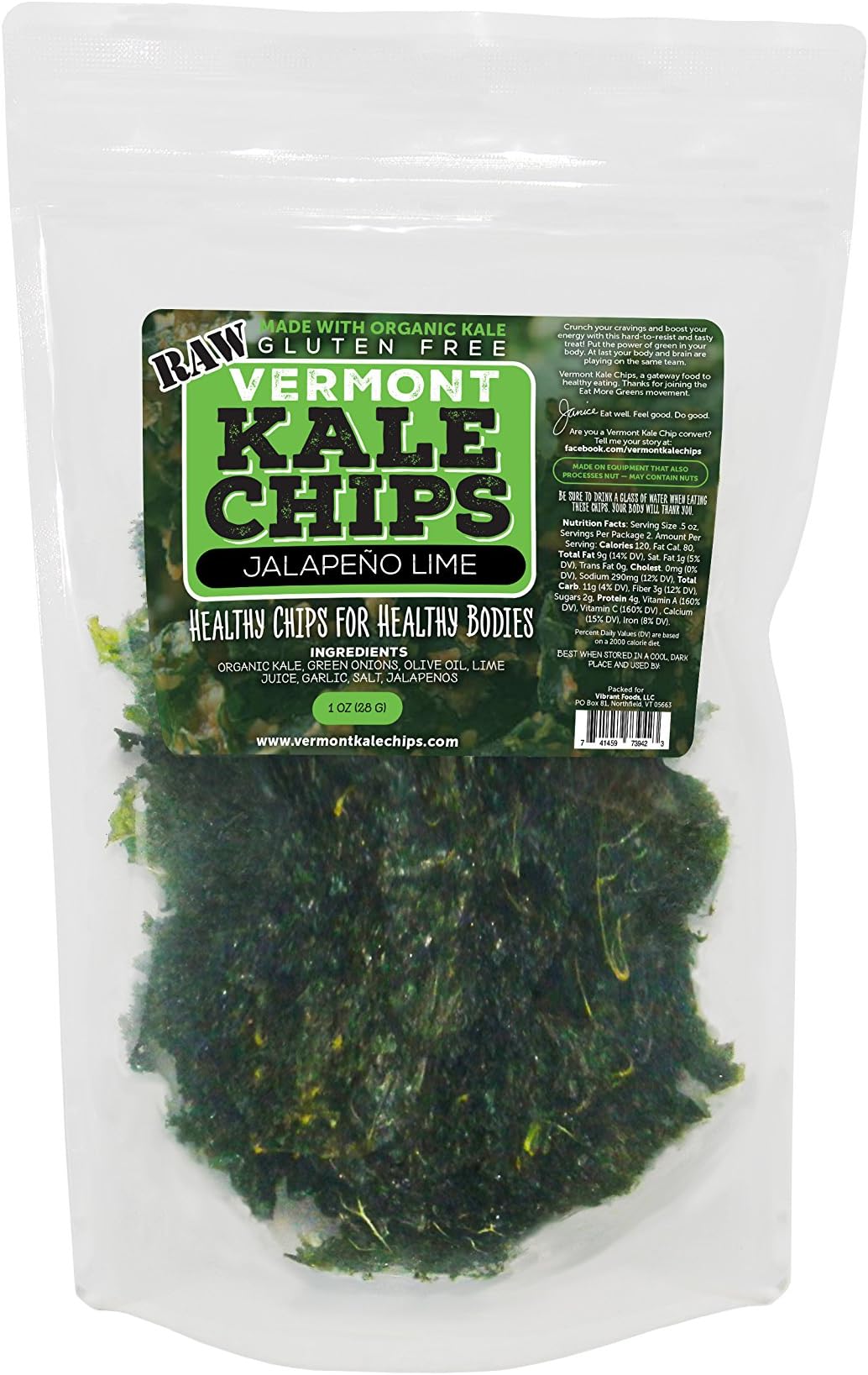 Vermont Kale Chips - 1oz Jalapeno Lime, Raw, Gluten Free, Snack