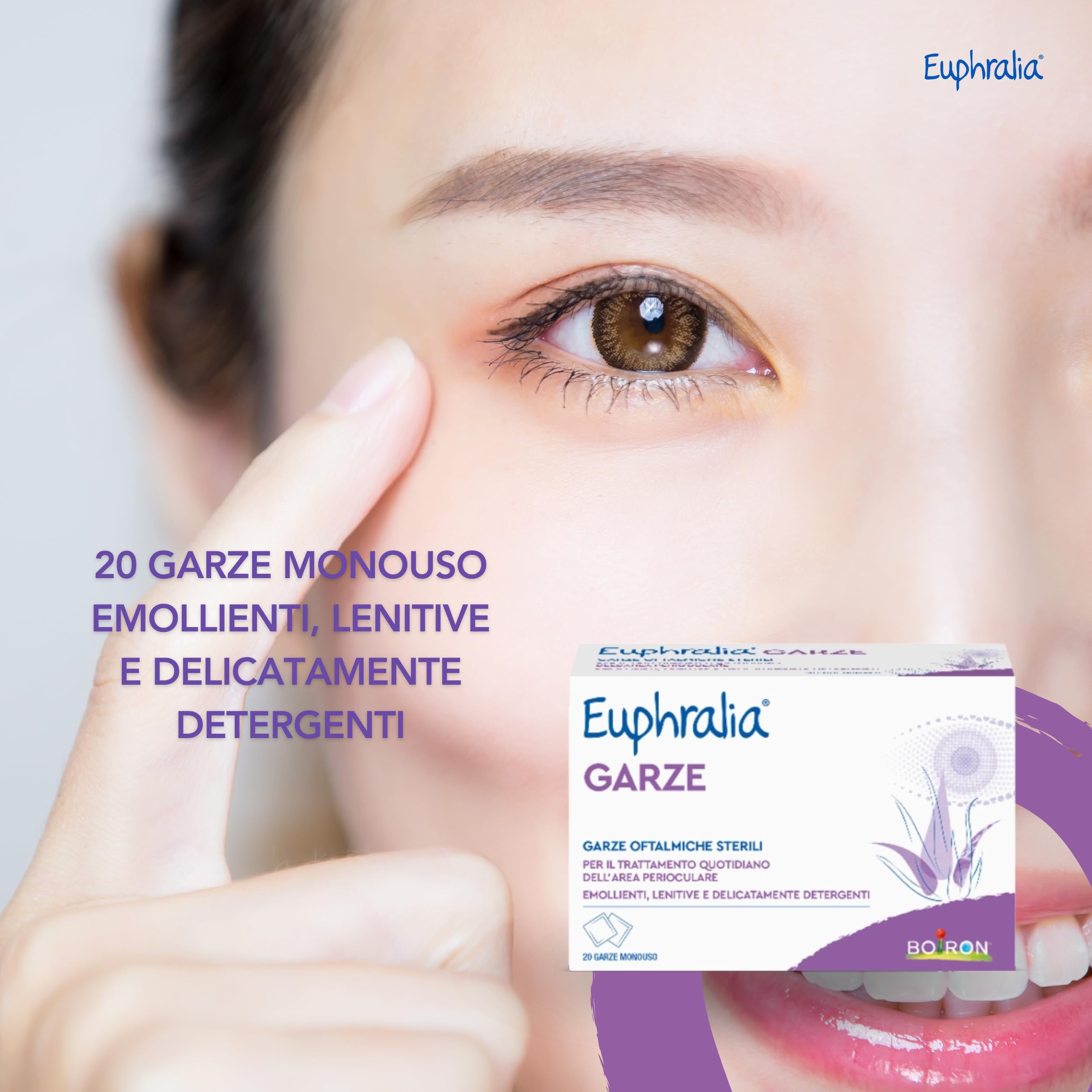 Euphralia Garze - Garze Oftalmiche Sterili, Monouso, Pulizia Occhi Infiammati e Allergici, Azione Detergente, Idratante e Lenitiva, con Acido laluronico e Aloe Vera - 2 Confezioni da 20 (2x20)