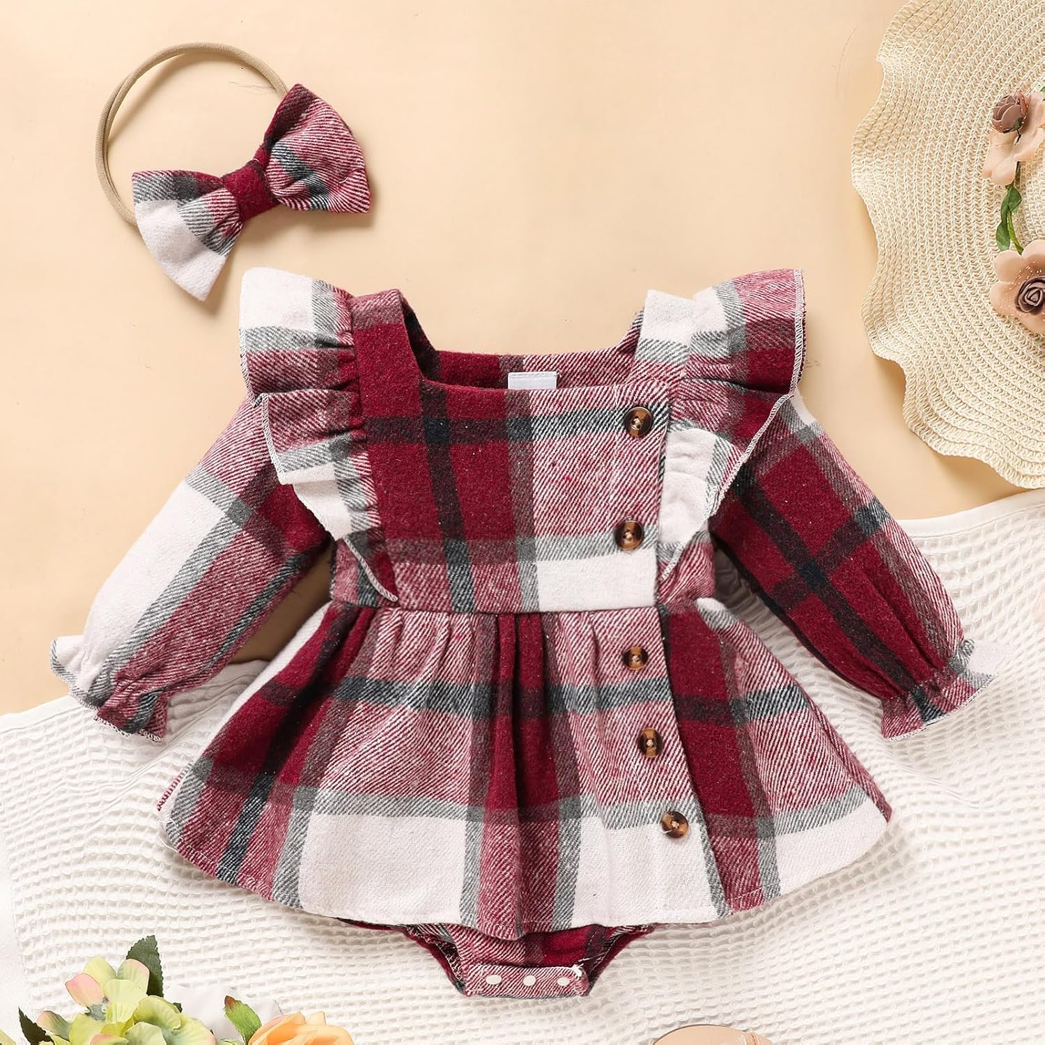 Newborn Baby Girl Fall Winter Clothes Plaid Long Sleeve Romper Buttons Outfit Ruffles Dress with Bow Headband - Image 2