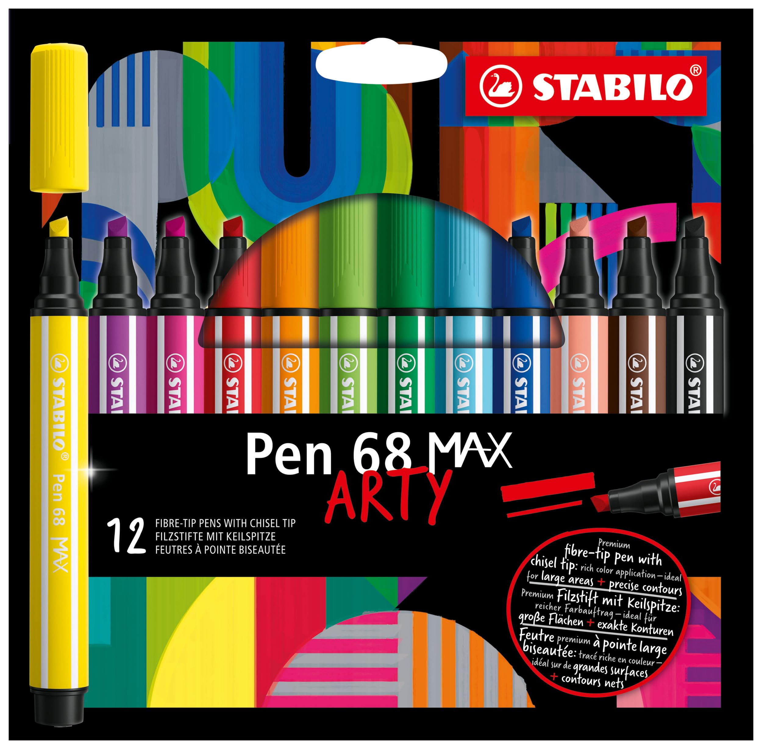 Premium Fibre-Tip Pen with Chisel Tip Pen 68 MAX - ARTY - Pack of 12 - Assorted Colours
