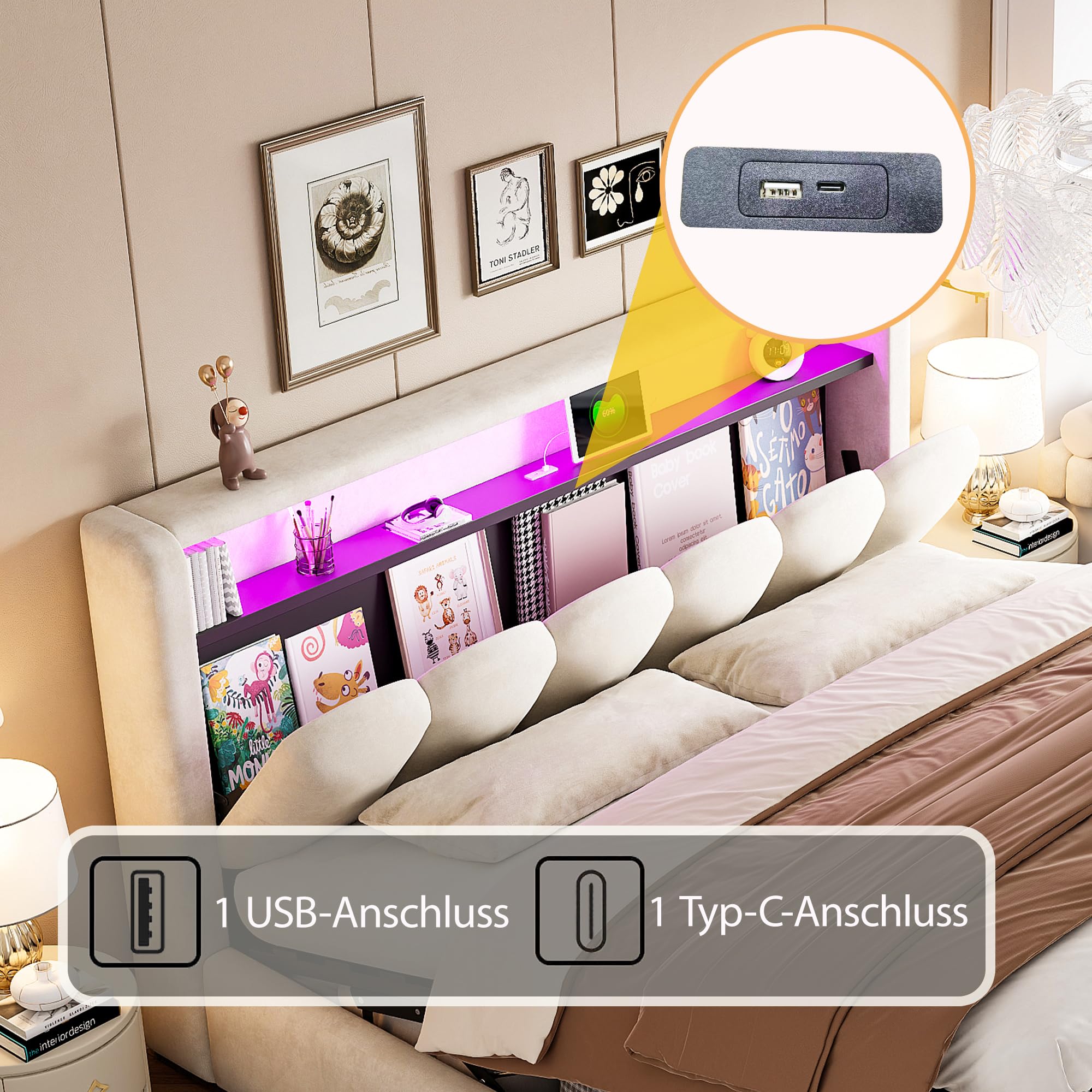 Sapgaks Lit 180x200 avec Sommier LED et USB C, Lit Coffre 180x200 avec Rangement et Tete Réglable, Capitonné Double avec à Lattes, Rembourré 2 Personnes Cadre de Velours(sans Matelas)