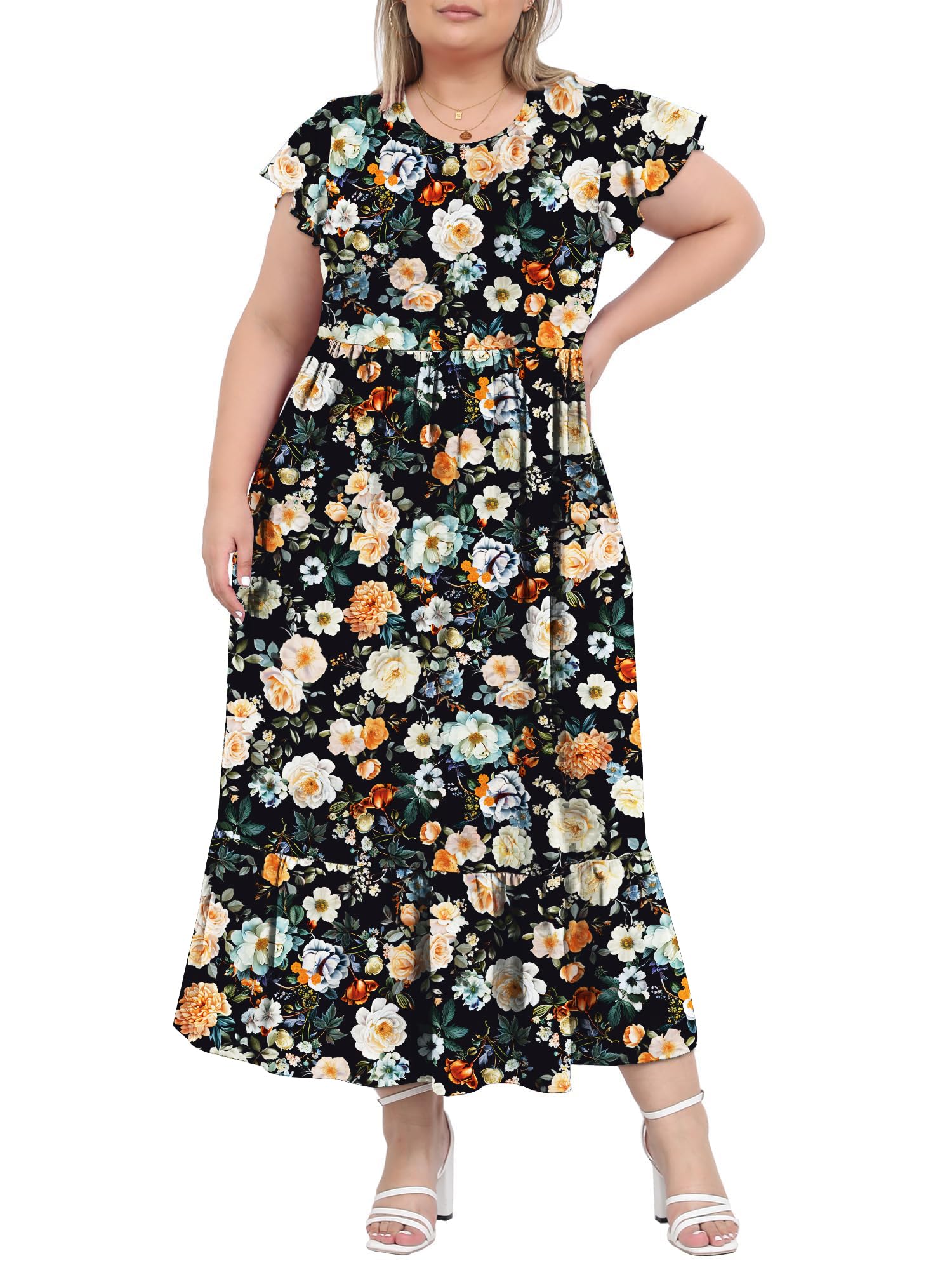 Moon Wood Damen Sommerkleid Kurzarm Rundhals Kleider Elegant Maxikleid Locker Strandkleid mit Taschen Große Größen