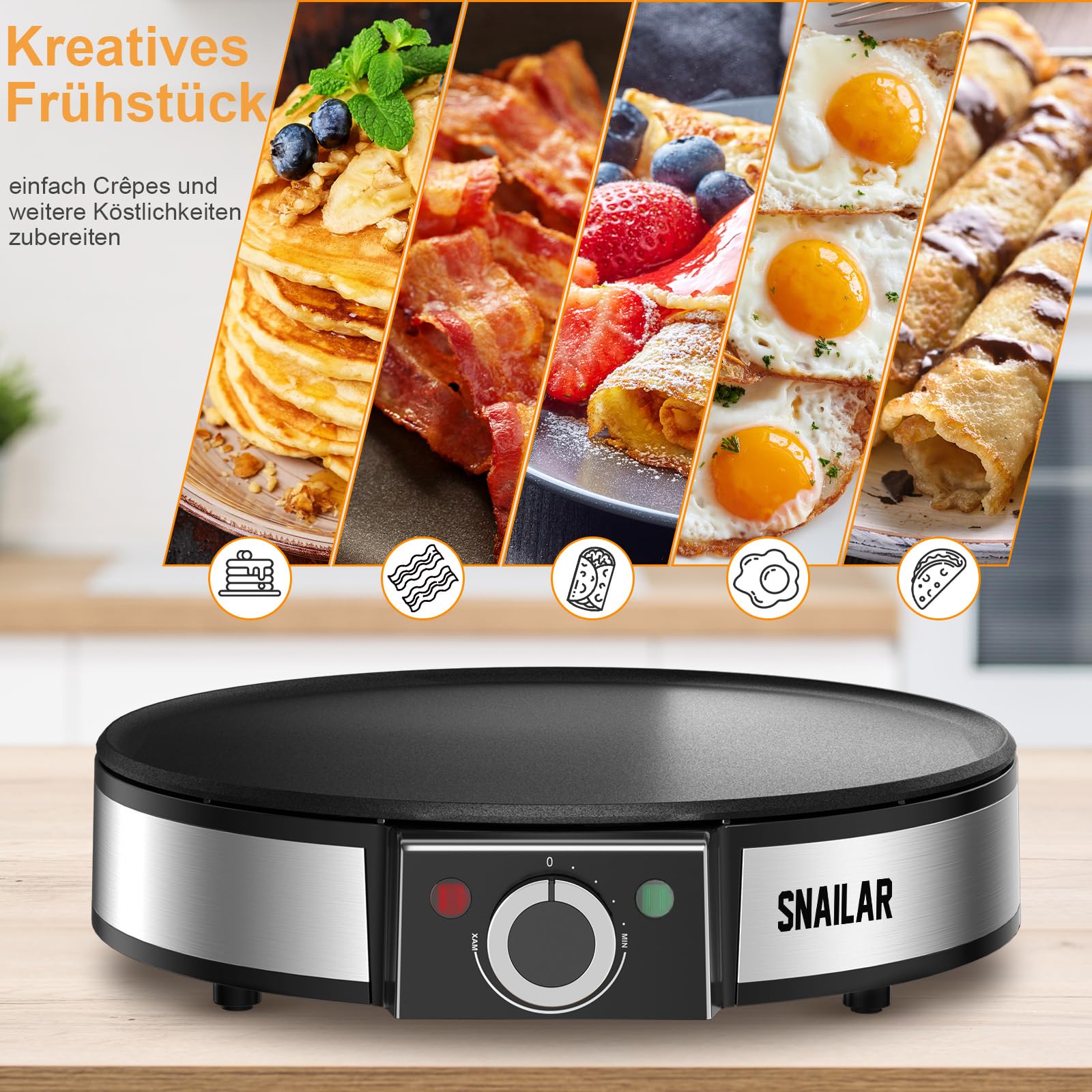 SNAILAR Crêpes Maker, Elektrische Crepesmaker 1200 W, Heizfläche mit Ø 30 cm, Antihaftbeschichtung, Stufenlose Temperatureinstellung, mit Teigteiler und Spatel, Für Crepes, Pancakes und Taccos