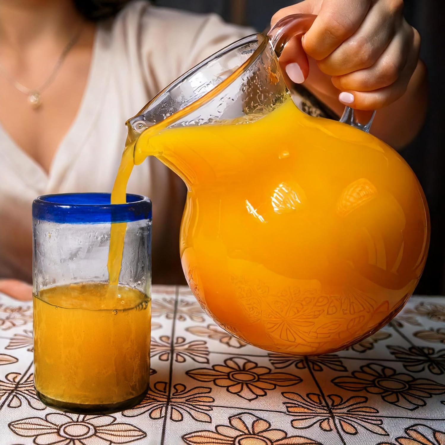 Set of 12 Tumblers - Hand Blown Mexican Glass | Authentic Handcrafted 14oz Drinking Glasses | Cobalt Blue Rim | Perfect for Water, Juices, Soft Drinks or Beer