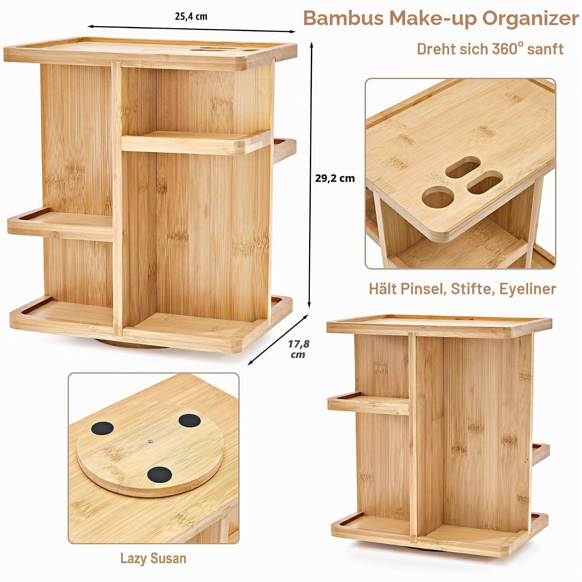 Sorbus 360 ° Bambus-Kosmetik-Organizer, multifunktionales Aufbewahrungskarussell für Make-up, Toilettenartikel und mehr – ideal für Schminktisch, Schreibtisch, Badezimmer, Schrank, Küche (Bambus)