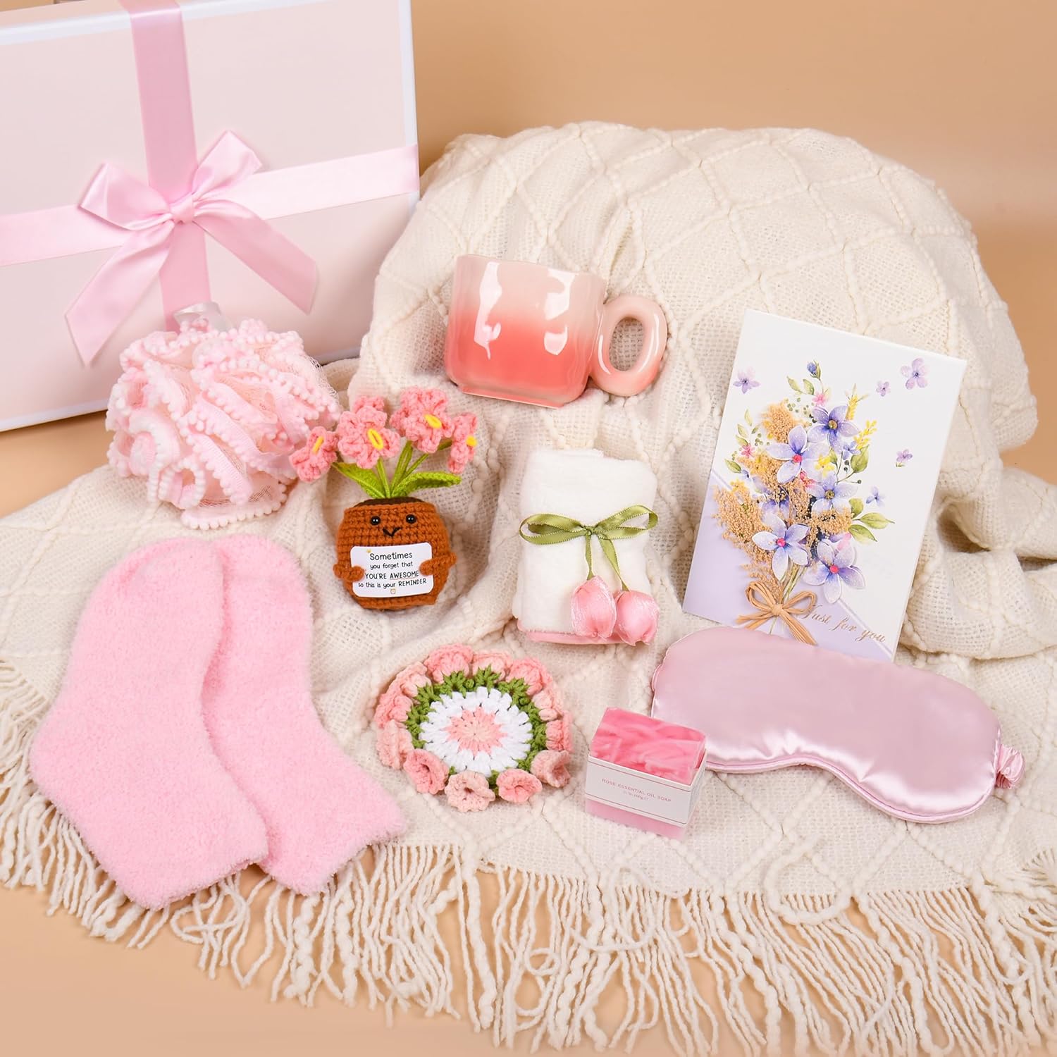 Birthday Gifts for Women, Knitted Tassel Throw Blanket Pink Gift Basket with Handmade Crocheted Potted Plants and Flower Coasters, Inspirational for Mom Her Wife Friend Grandma - Image 7