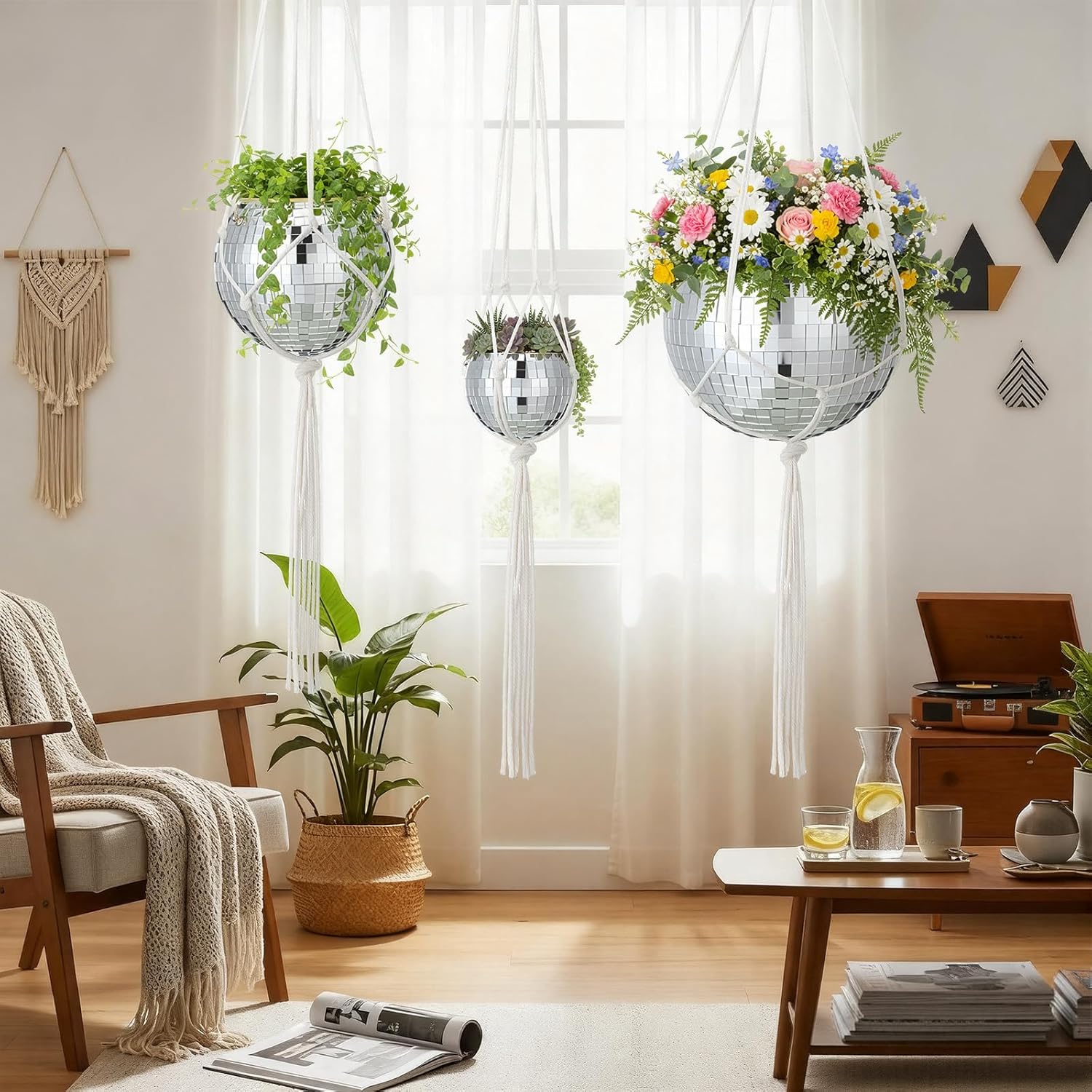 Novabright 3 Pcs 4" 6" and 10" Self Watering Disco Ball Planters, Mirror Disco Ball Hanging Planter Flower Pots with Hanging Rope and Chain, Hook, Circle and Extra Mirror Pieces, Gift for Plant Lovers