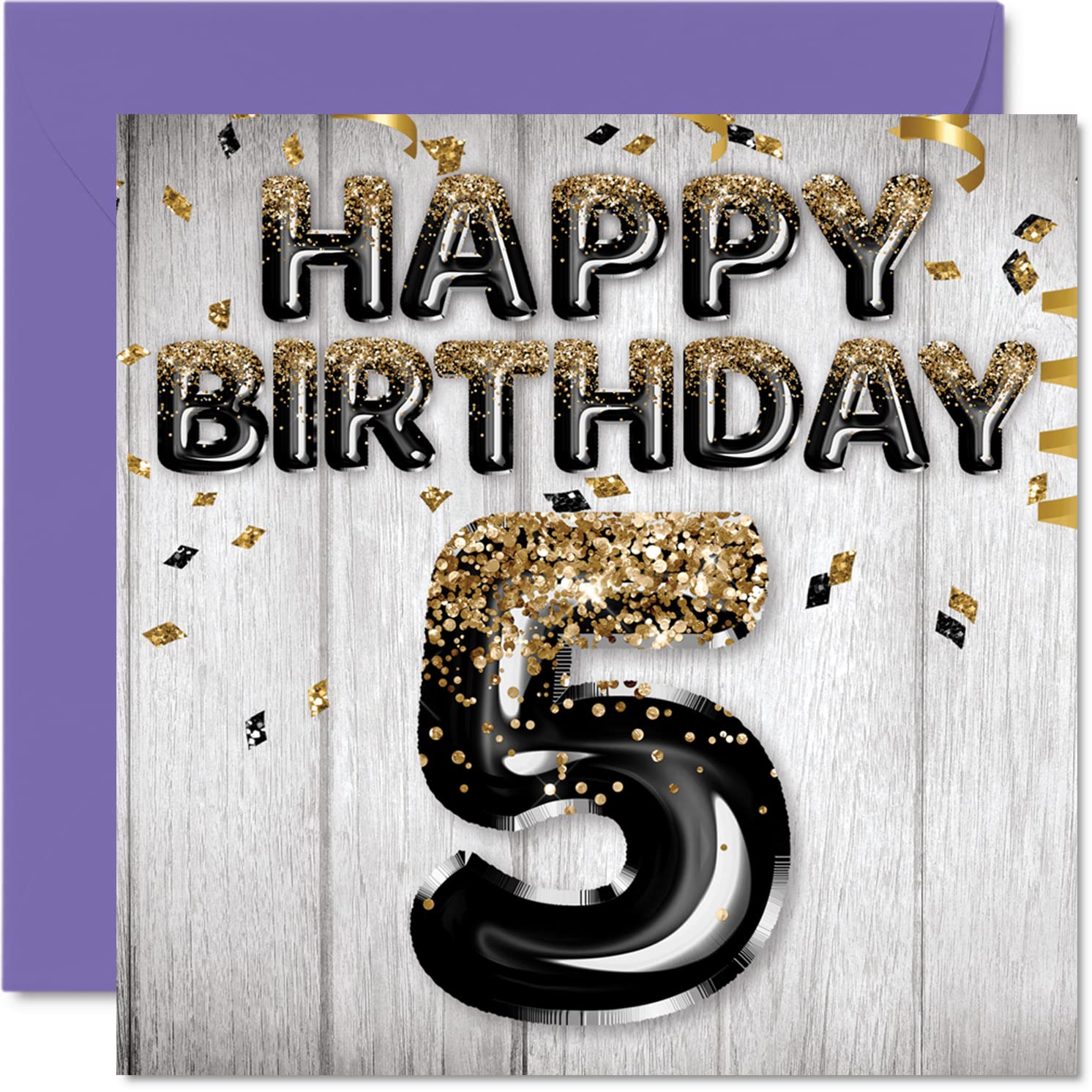 5th Birthday Card for Boys - Black & Gold Glitter Balloons - Happy Birthday Cards for 5 Year Old Boy Son Brother Grandson Cousin, 145mm Bday Greeting Cards Gift