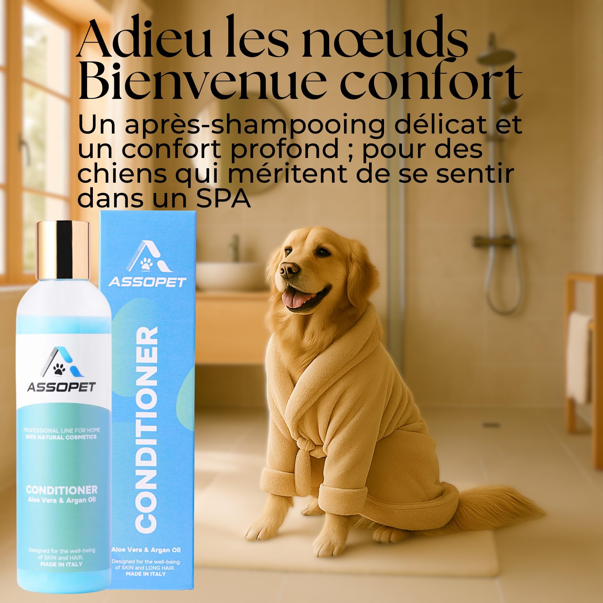 Baume pour Chiens 250ml – ASSOPET – Après-Shampoing Chien Naturel à l'huile d'Argan Bio et Aloe Vera Bio – Adoucissant, Démêlant et Brillant – Sûr, Doux, Vegan, Made in Italy