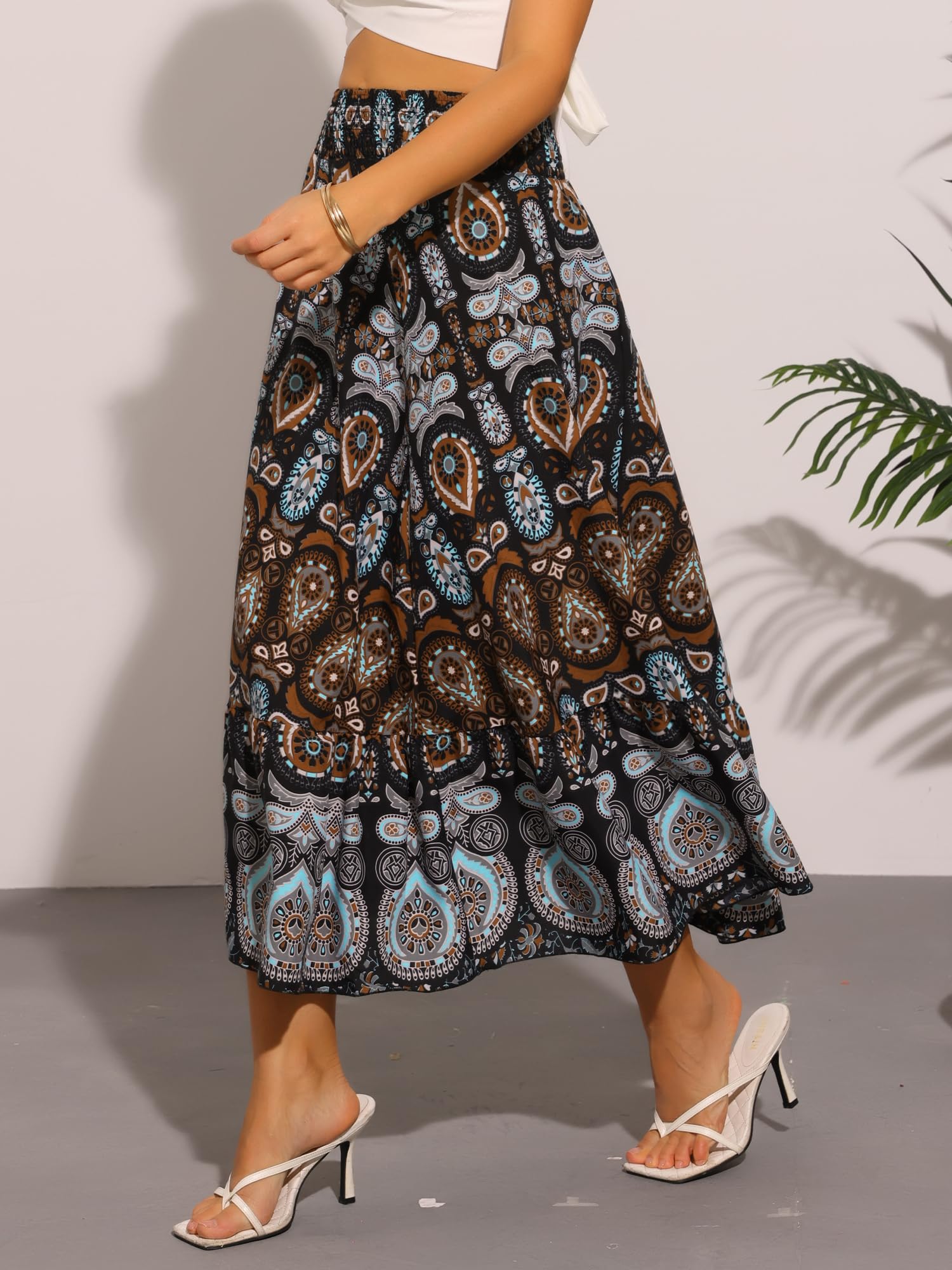 Allegra K Jupes longues bohème pour femmes, motif floral, décontracté, plage, jupe maxi fluide tendance