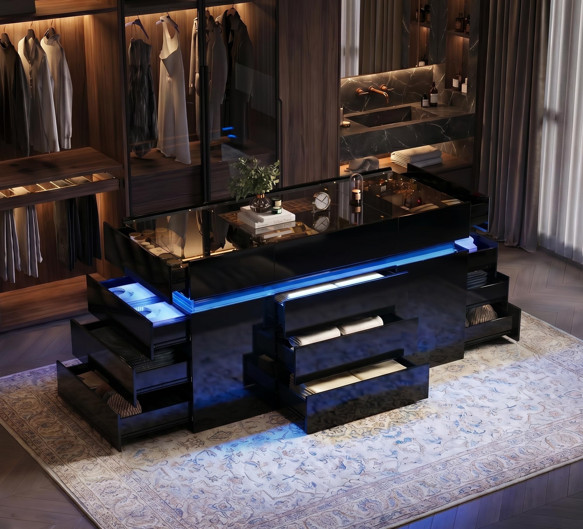 armoire dressing Oakvera Luxury Glossy Closet Island with 16 Drawers, Modern Glass Top Wardrobe Island, LED Walk-in Closet Island for for Room Cloakroom (Black) : Home & Kitchen Size:52