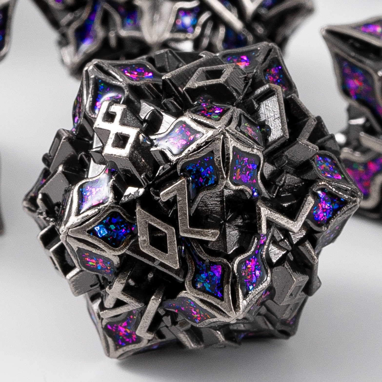 Metal Dice for DND - Spire Sanctum Series (Antique Silver Purple Glitter)