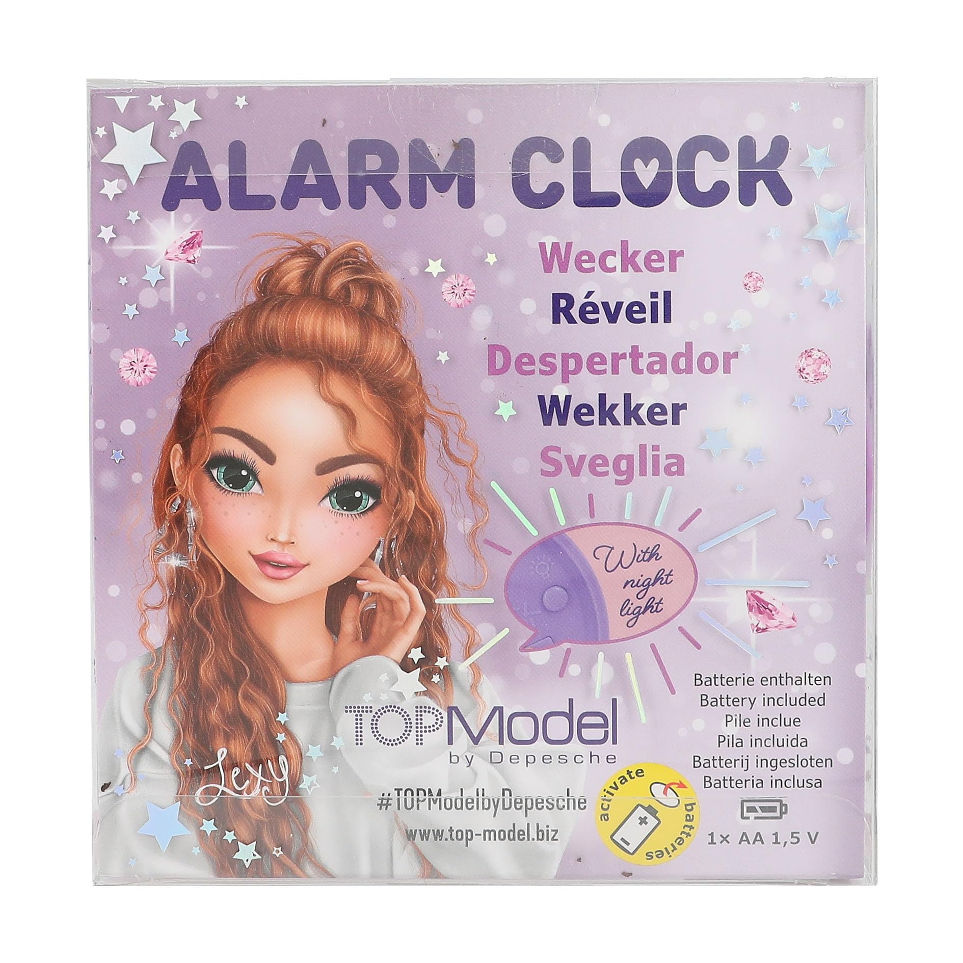 Depesche 12662 TOPModel Glitter Queen-Sveglia per Bambini in Viola con Motivo a modellino, Orologio Silenzioso con Funzione Luce, Batteria Inclusa, Colore