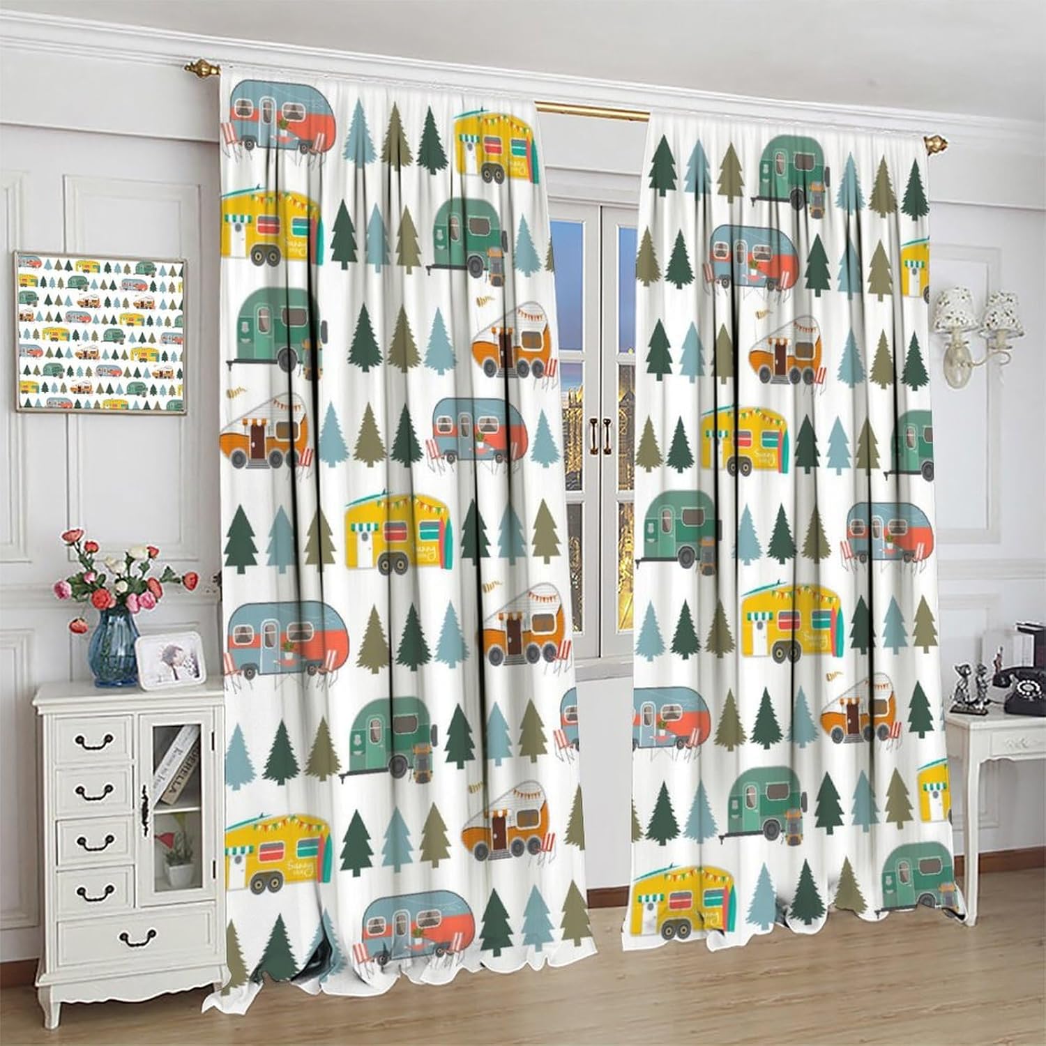 JESTRONRY Campers Forest Window Curtains,Rustic Wood Camping Retro RV Camper Travel Trailers Tree Window Treatment Kids Bedroom Living Room Bathroom Curtain Drapes 42x54Inch Blackout