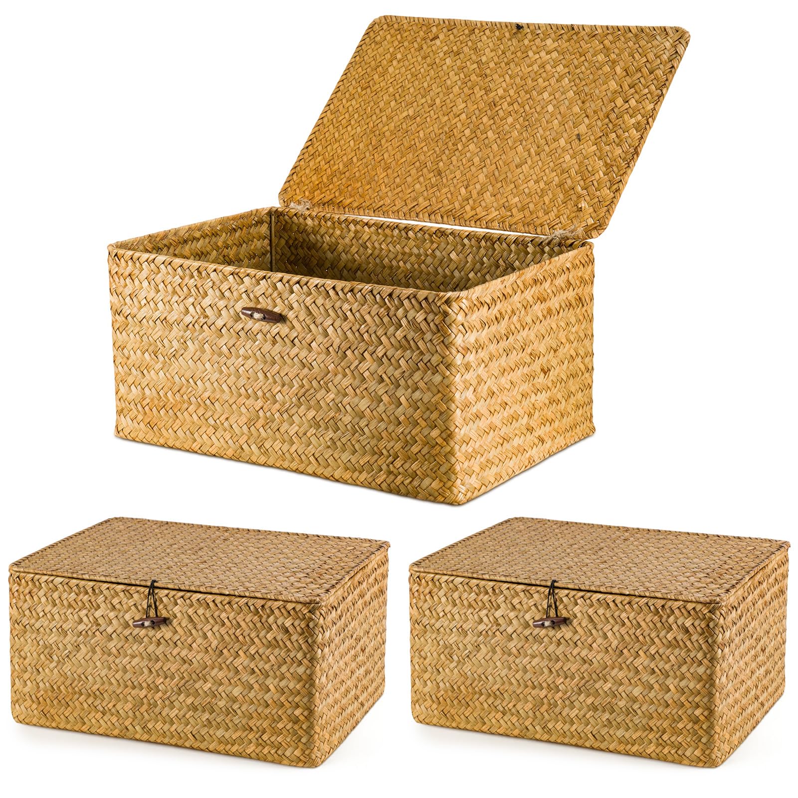BLUE BAZAAR Wicker Storage Basket with Lids 40x28x19cm Seagrass Storage Box with Lid Woven Wicker Desktop Boxes Gift Hamper Basket for Living Room Decorative Bathroom (Caramel Brown, 3PCS)