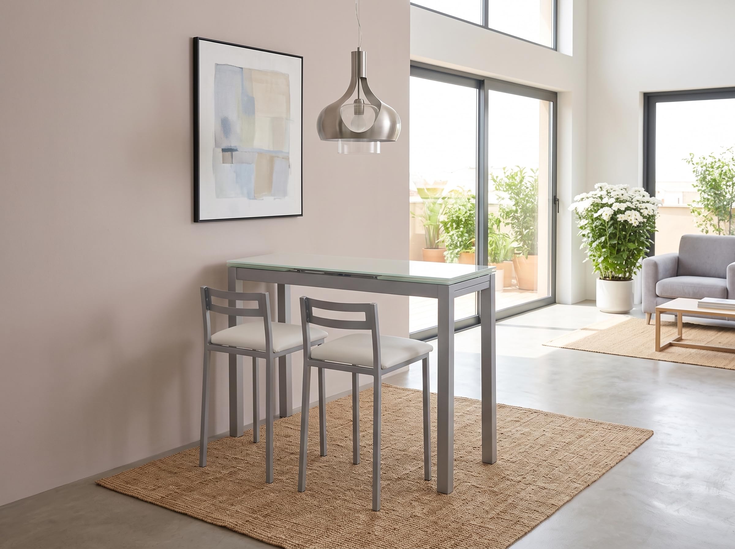 MOMMA HOME Mesa Extensible de Cocina Novi con 2 Taburetes Bajos MOLI – Conjunto Mesa y Taburetes para Cocina, Comedor y Espacios Pequeños, Diseño Moderno (Blanco)