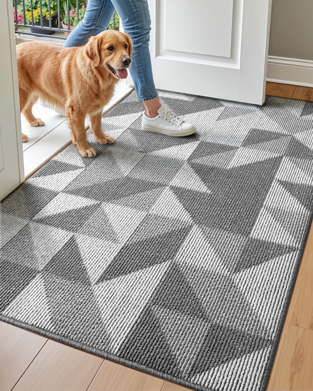 DEXI Front Door Mats for Entryway, Non Slip Washable Low-Profile Entry Doormat, Absorbent Resist Dirt Inside Floor Entrance Mat, Patio, 3x5 ft, Grey/White