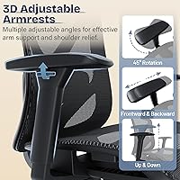Vista 5 de Silla de oficina ergonómica, sillas de escritorio de malla para computadora con soporte lumbar ajustable, reposabrazos 3D, función de inclinación