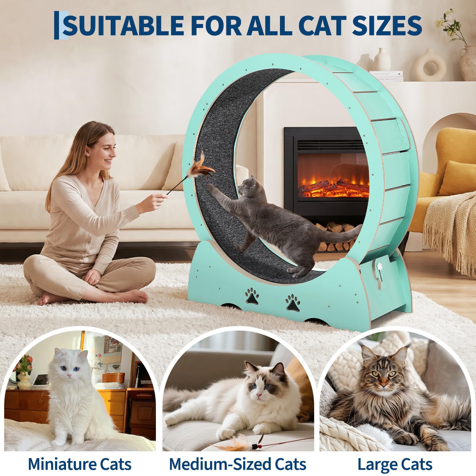 Katzenlaufrad Extra Groß 87 cm, Ultraleises Laufrad Katze mit Teppichmatte, Spielzeug-Set & Sicherheitsverriegelung, Stabil für Alle Katzenrassen