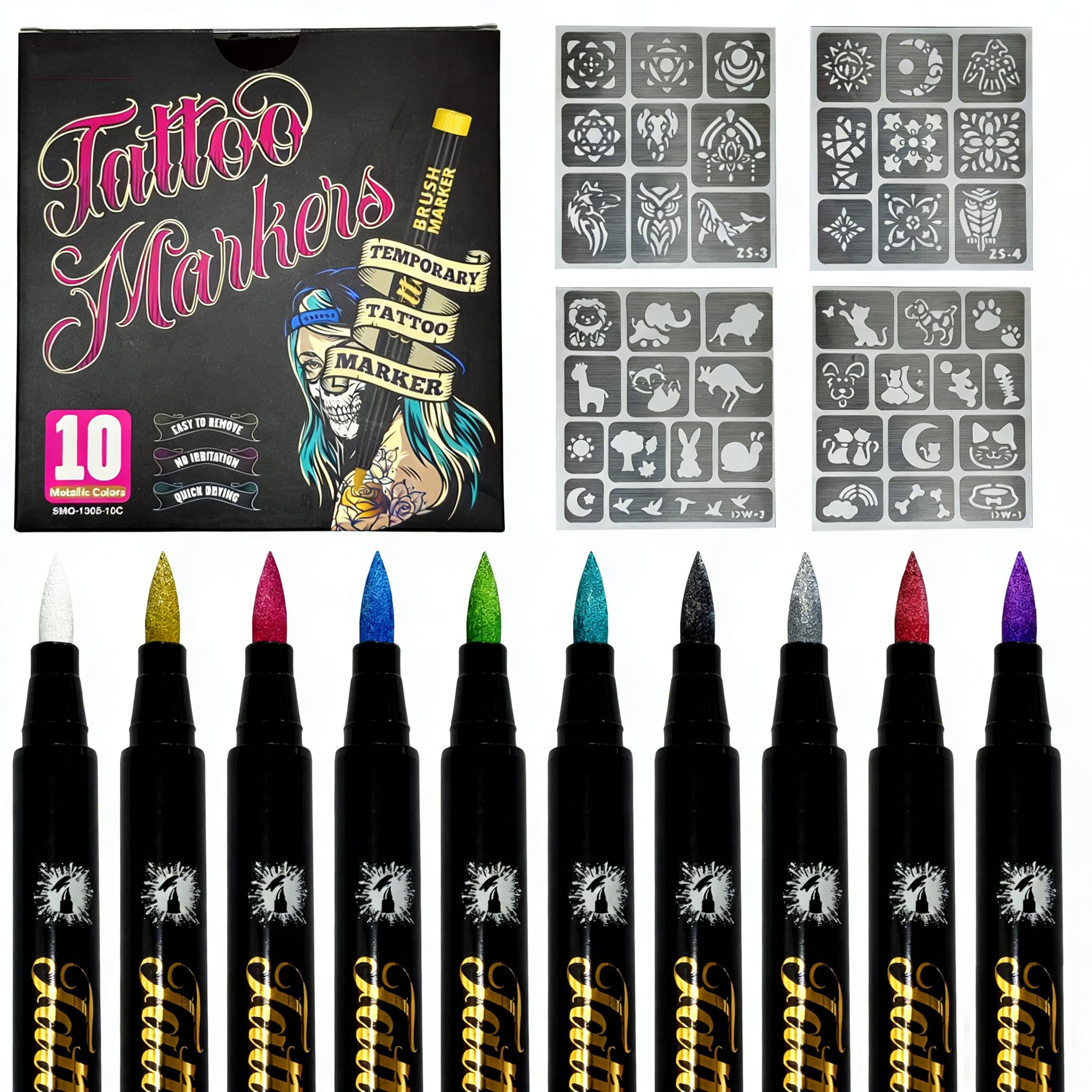 10 Colors Metallic Body Paint Markers with 4 Temporary Tattoo stencils, Waterproof & Sweatproof Temporary Tattoo Markers Quick-Dry Face Paint Pens for Halloween, Cosplay, Parties, Sports Events