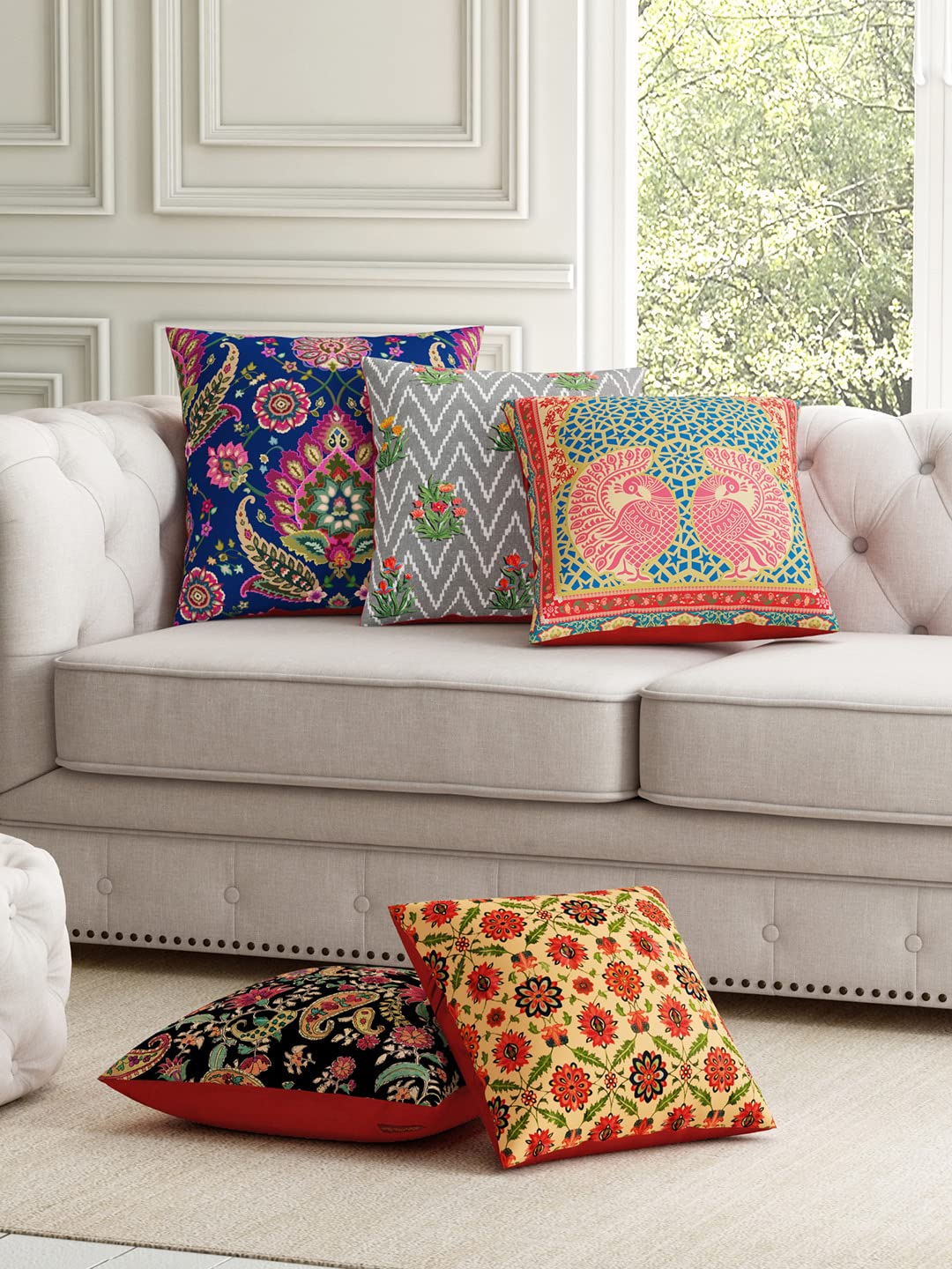 SEJ by Nisha Gupta Cushion Covers 16 Inch x 16 Inch Set of 5 Pcs | Printed Polycotton Cushions for Sofa | Decorative Cushion Pillow | Square Pillow Covers for Sofa Living Room (SEJ-001, Premium)