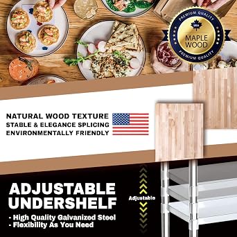 DuraSteel Butcher Block Counter Top - 24 x 48 x 34" Height with 4 Caster Wheels 2 Adjustable - Kitchen, Side, Coffee, or Dining Table - Optional Base Leg Units, Natural Maple Slab Work Bench Top