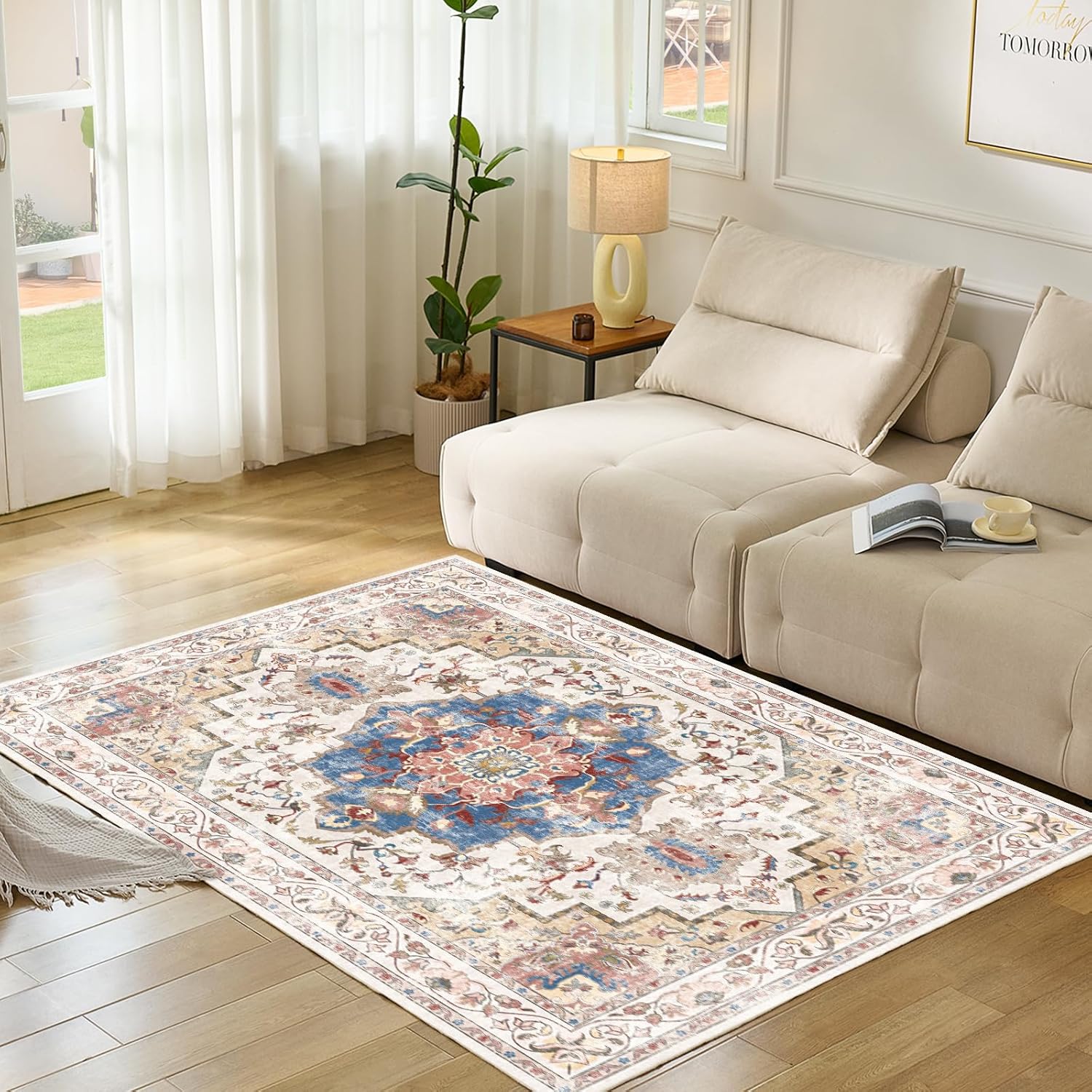 CWK Boho Washable 5x7 Area Rugs,Non-Slip Floor Carpet,Non-Shedding Floor Mat,Low Pile Doormat Soft Vintage Rug for Living Room Bedroom Dinning Room Laundry Home Office,Golden Orange