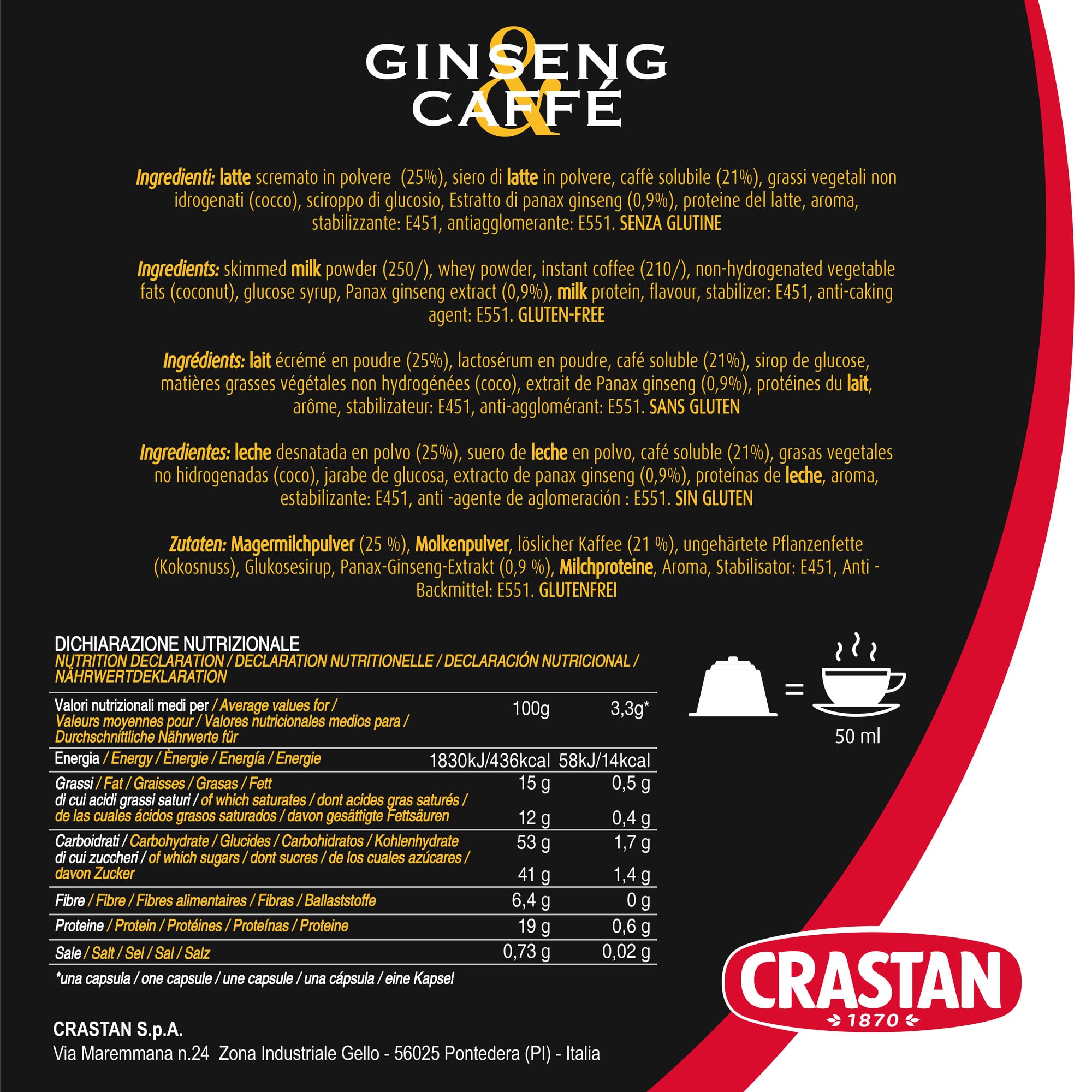 CRASTAN 1870, 90 Cápsulas, 6 Cajas de 15 Cápsulas de Bebida Ginseng y Café, Cápsulas Compatibles con Nespresso de Azúcar al Gusto, Bebida Sin Gluten, 100% Made in Italy