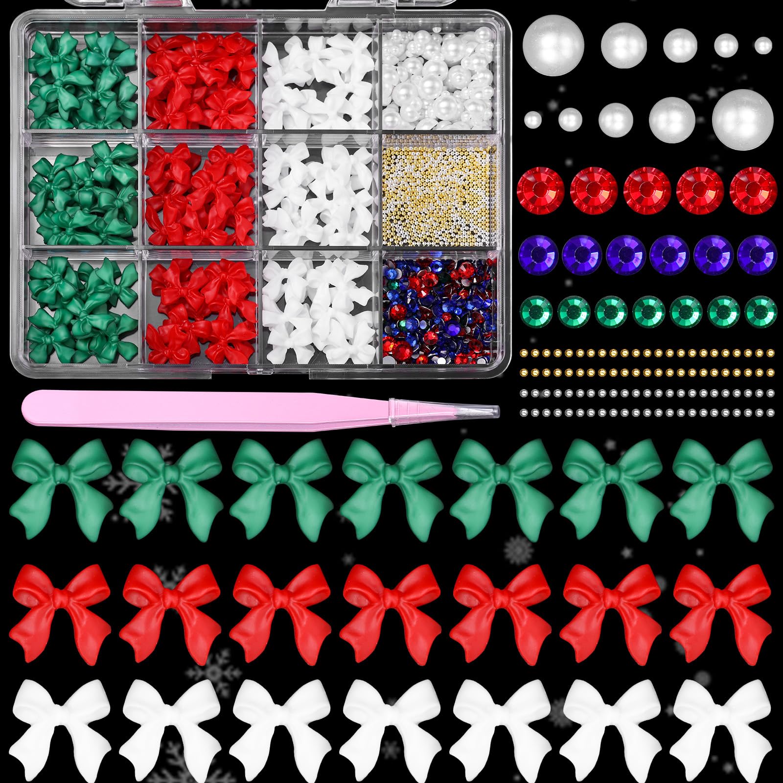 3D Bows Nail Art Charms, Christmas Bowknots Acrylic, Bow Tie White Red Green Flatback Pearl AB Glass Gems for Nail Art Decor Accessories DIY