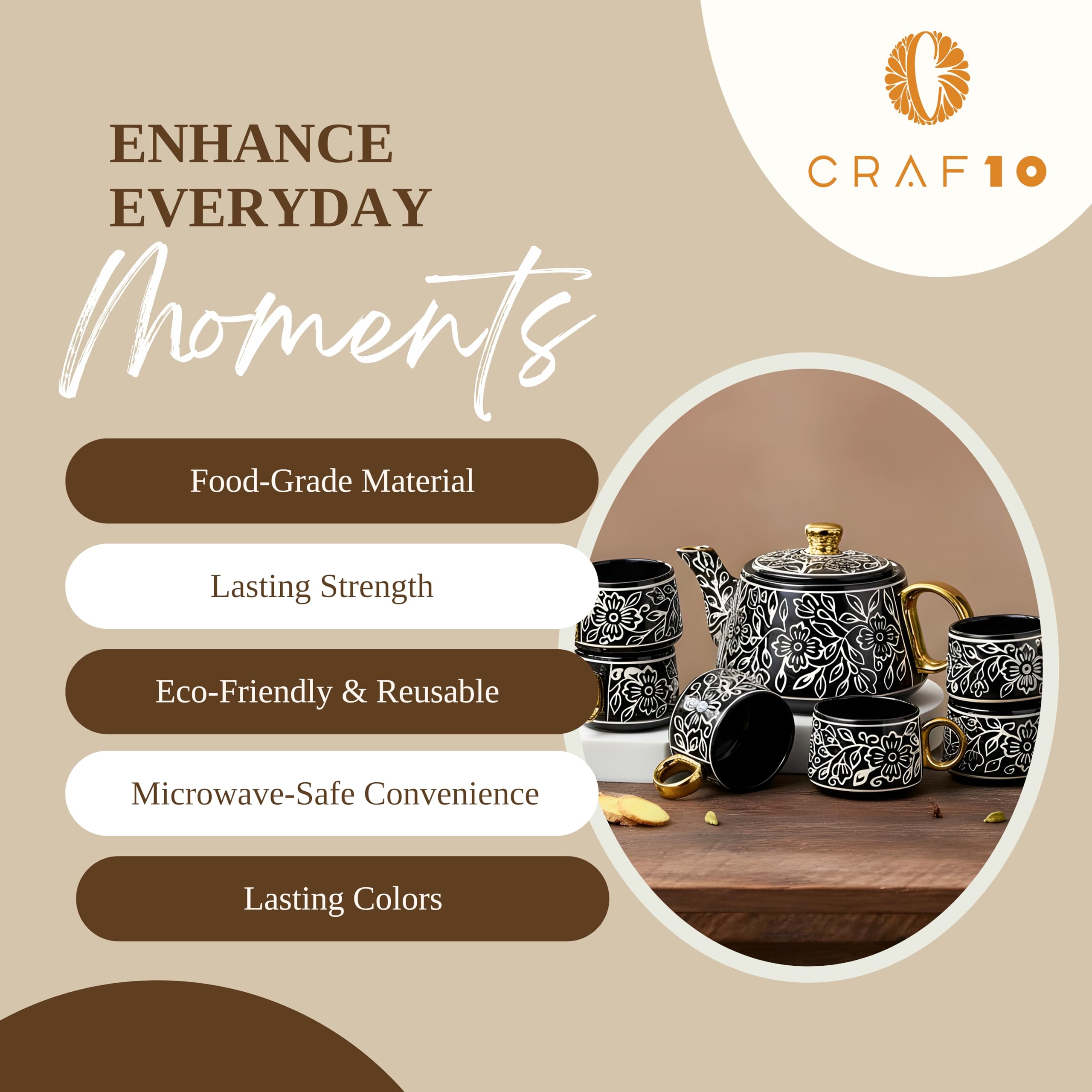 CRAF10 Black & Gold Tea Set - Ceramic Cups & Kettle -4
