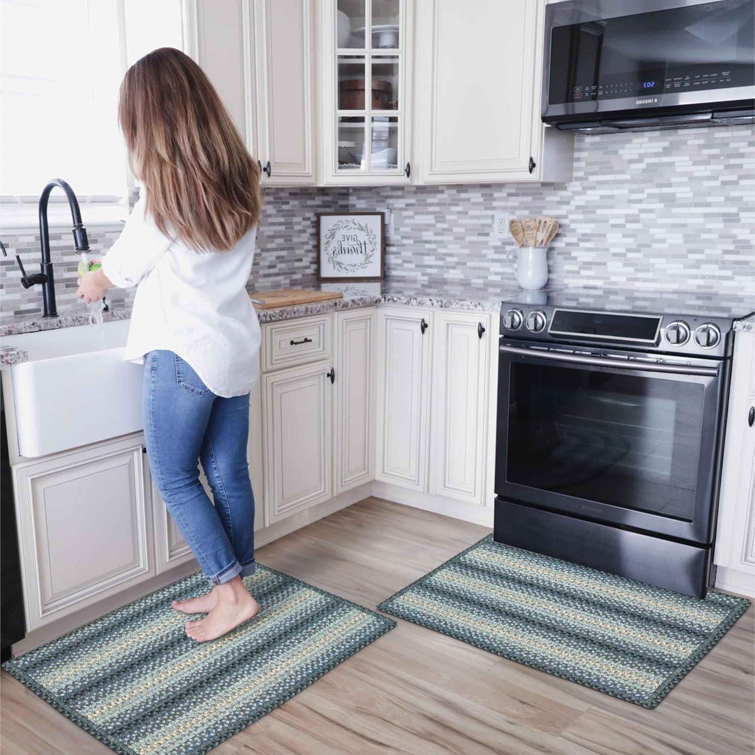 Homespice Blue Oasis Braided Non Slip Runner Rug 27"x72" - Rectangle, Blue & Cream - Made with Durable Polypropylene for Kitchen & Entryways - Waterproof, Stain Resistant and Washable