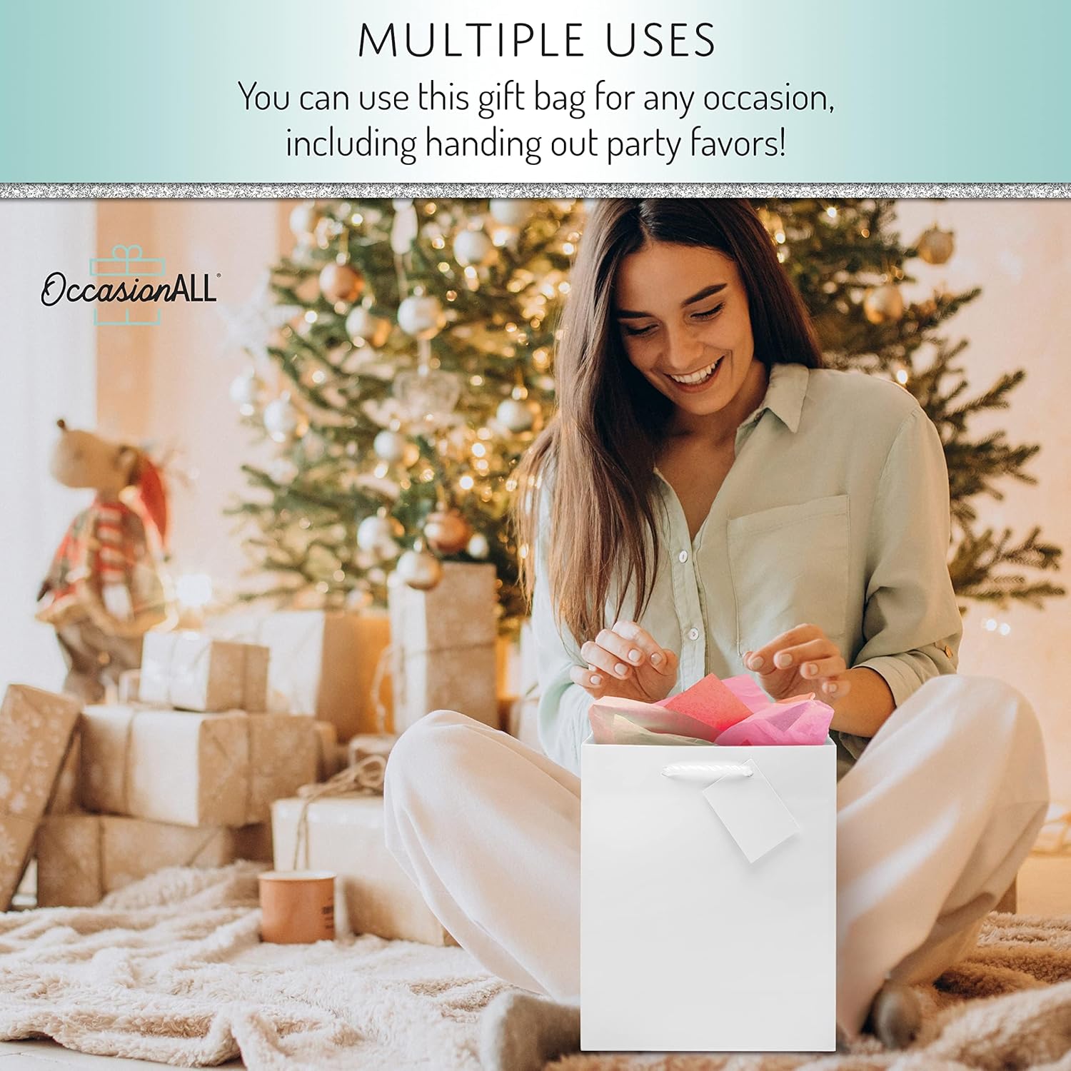 OccasionALL White Gift Bags, Glossy Paper Bags Medium with Handles for Holiday Wrap, Weddings, Baby Showers, Party Favors, Bulk, 7.5x3.5x9, 12 Pack - Image 4