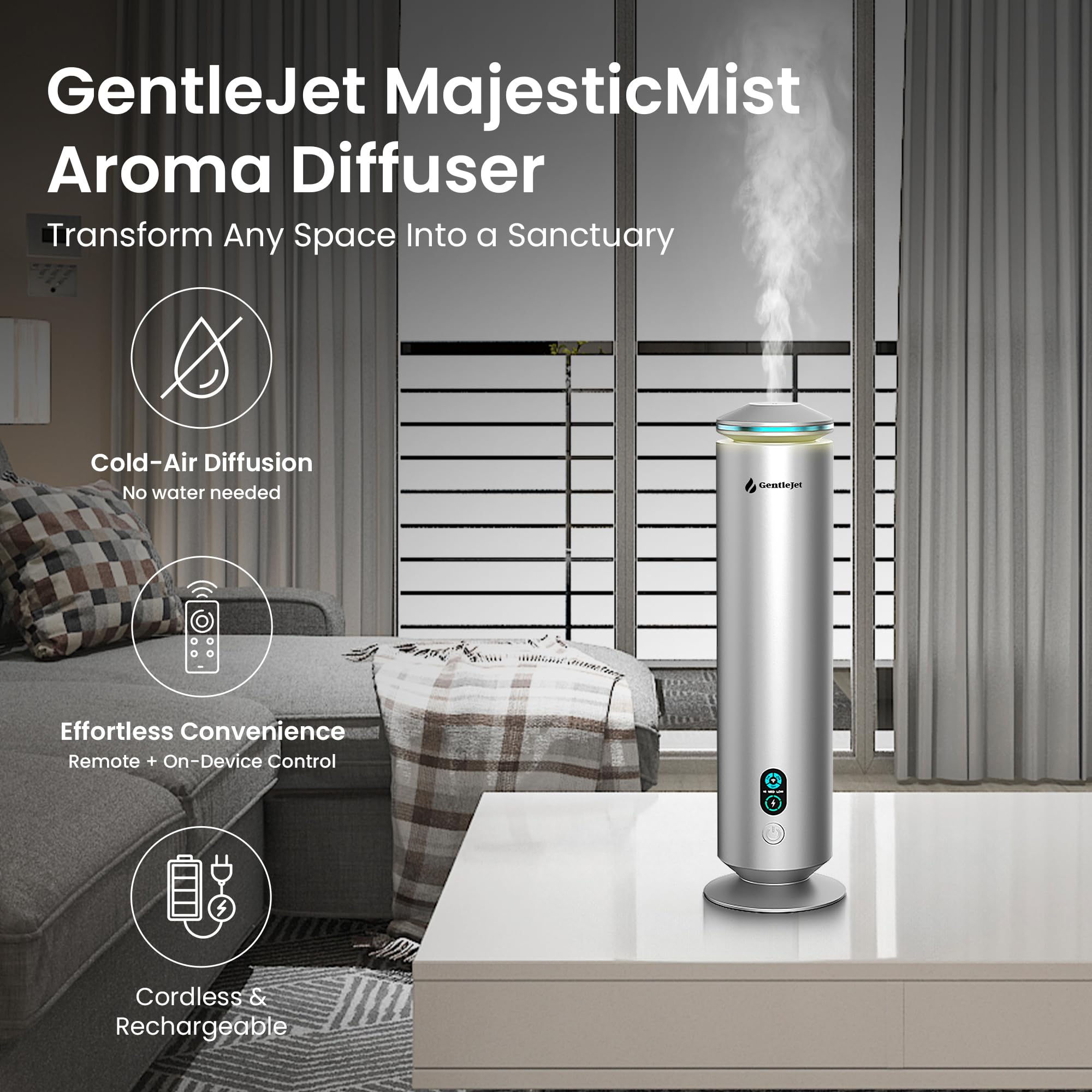 GentleJet MajesticMist - Diffusore di oli essenziali ricaricabile in alluminio senza acqua, con ricarica wireless, diffusore di aromi silenzioso, diffusori di profumi per casa, camera e hotel