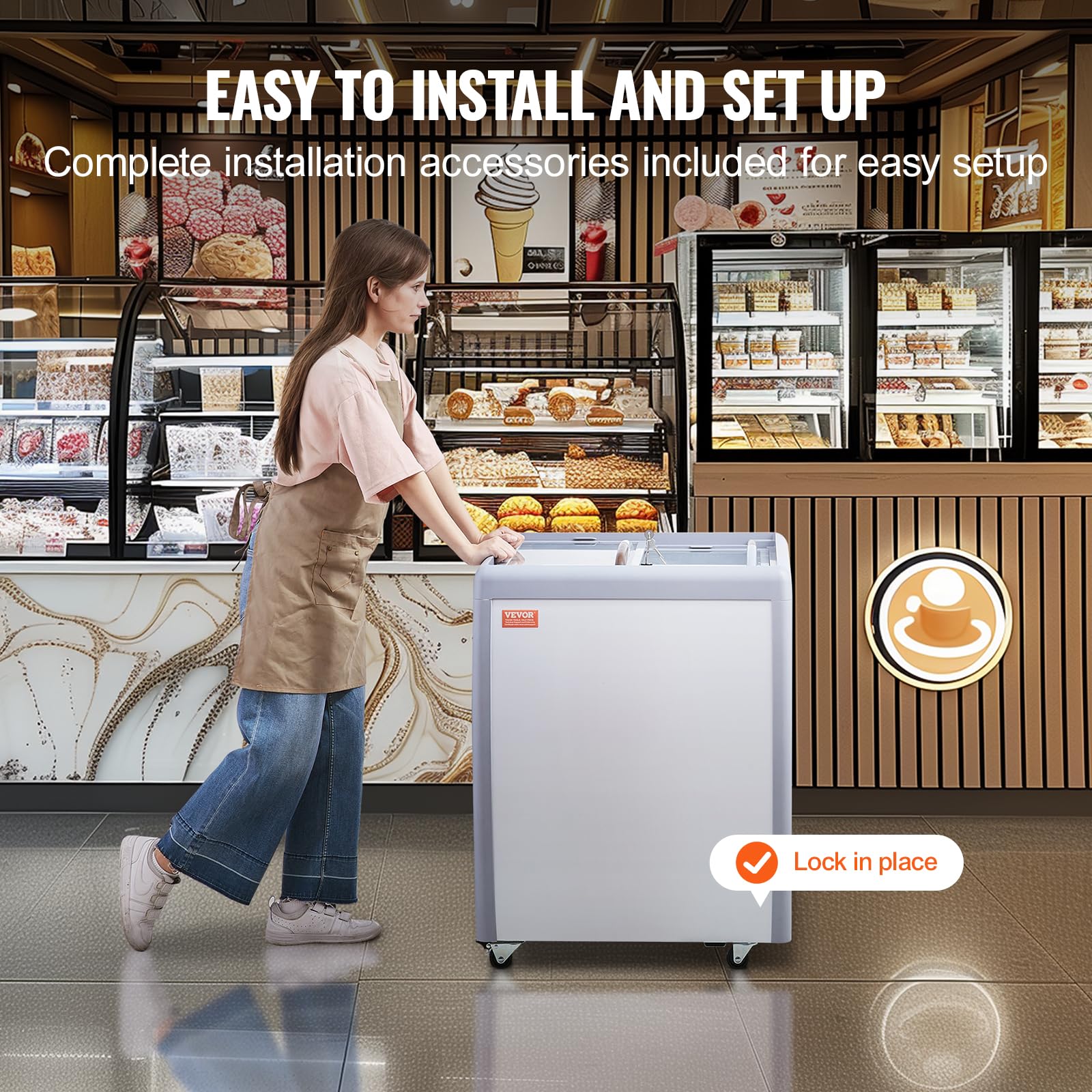 VEVOR Vetrina per Gelato Commerciale 665 x 715 x 890 mm Congelatore Mobile 158 L Vetrina per Gelateria con Piano Vetro, 4 Grandi Contenitori, 2 Porte Scorrevoli in Vetro, Ruote di Bloccaggio, Bianco