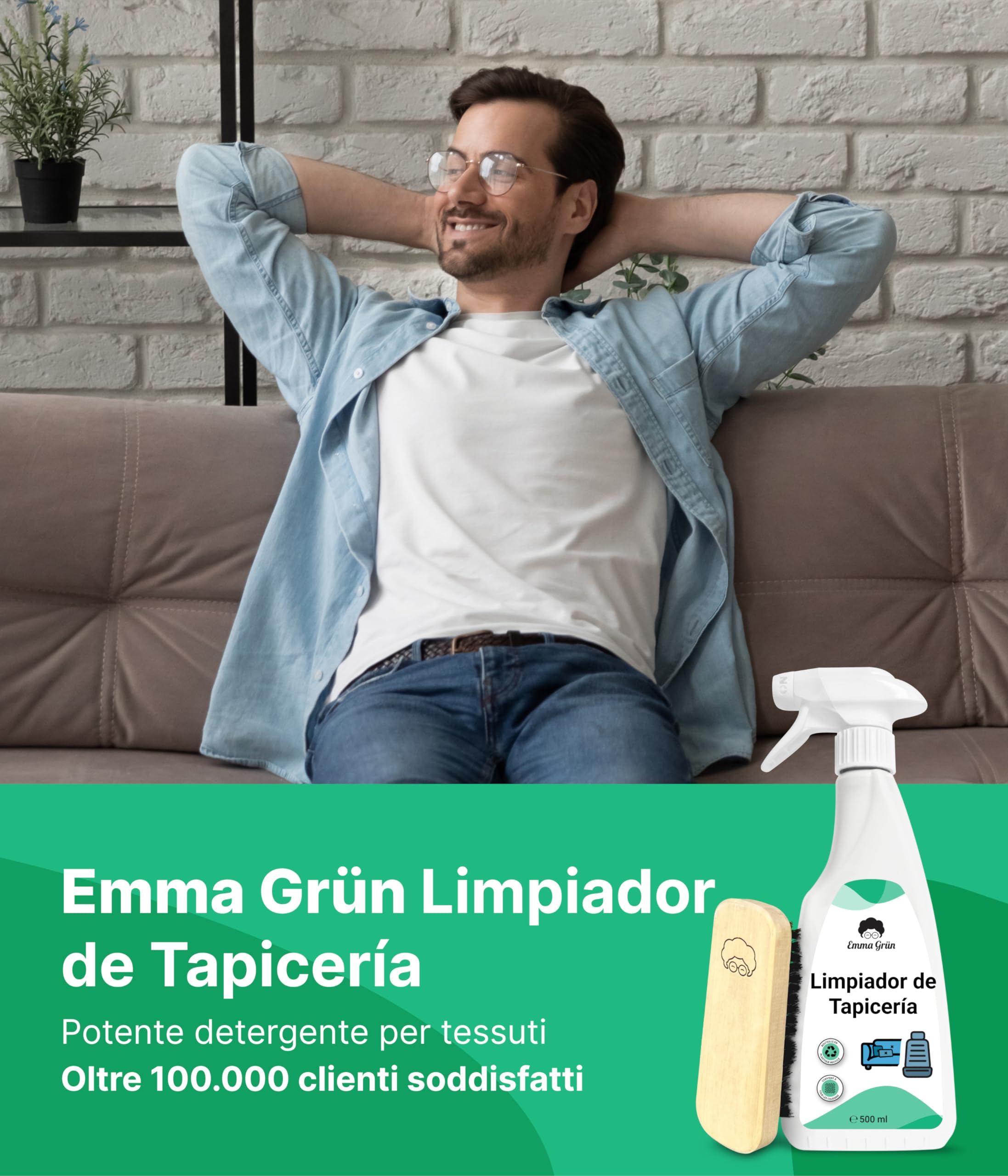 Emma Grün® Pulisci Divano e Sedili Auto Tessuto 500ml [+Spazzola] - Smacchiatore a Secco per Tessuti