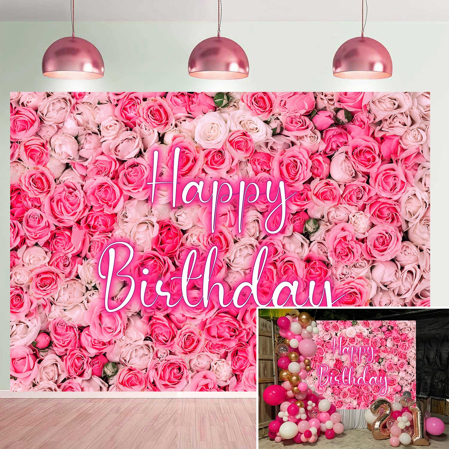 Flower Wall Birthday Backdrop for Women 7x5FT Pink Floral Happy Birthday Photography Background Spring Rose Flower Photo Backdrop Princess Girls Baby