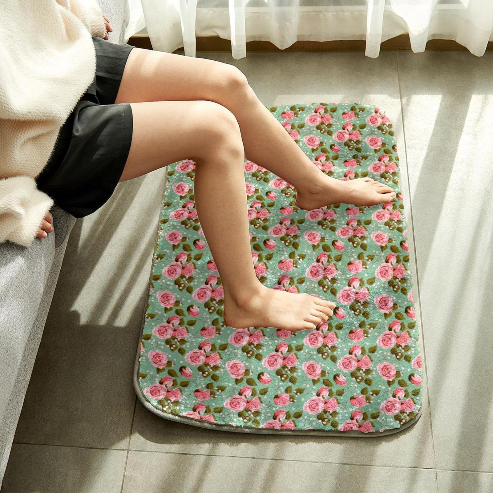 Fluffy Area Shag Teppich Ultra Weich für Schlafzimmer Rosa Rose Blumen Muster Hellgrün