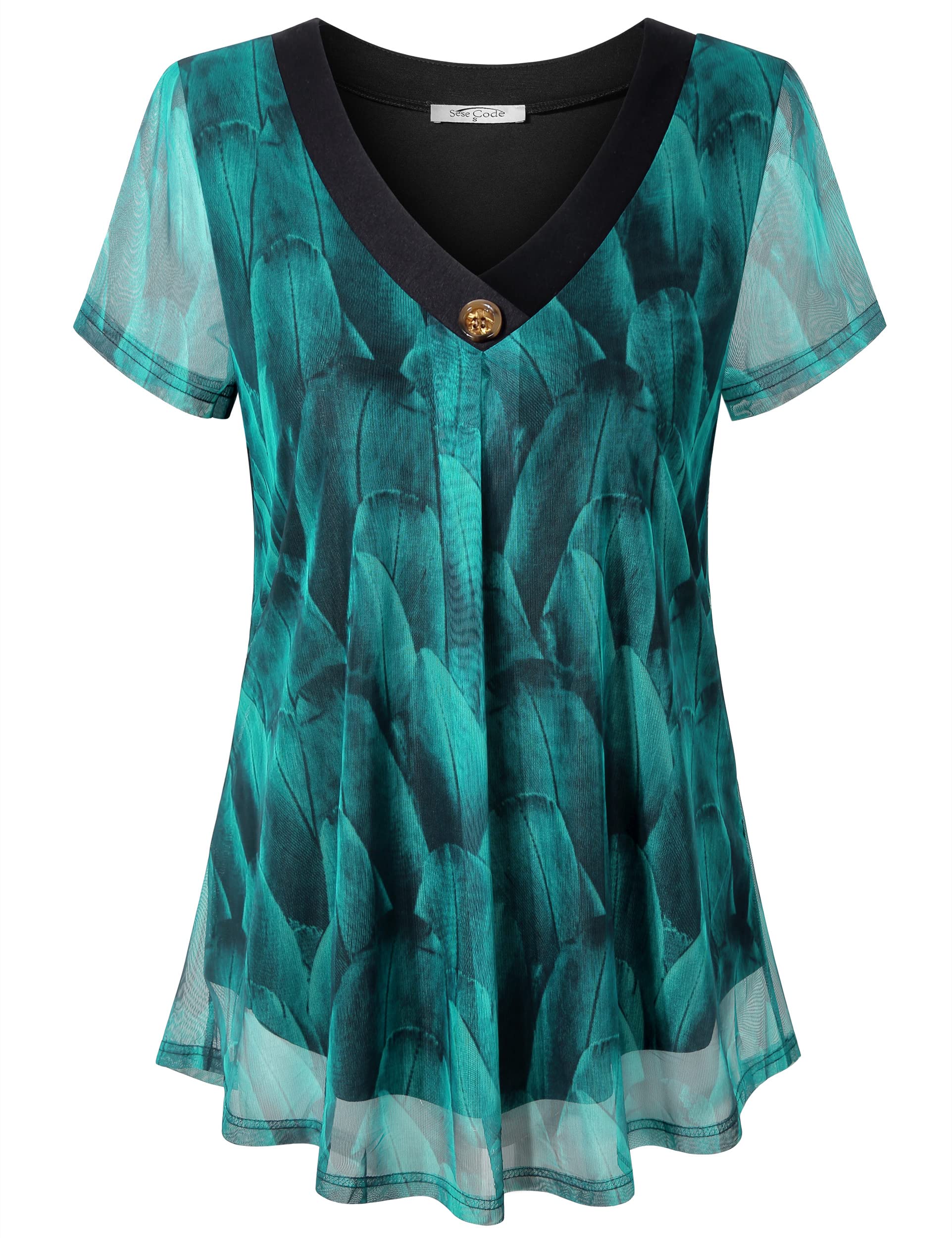 SeSe CodeWomens Pleat Stretch Mesh Blouses Short Sleeve Breathable Flowy Shirts