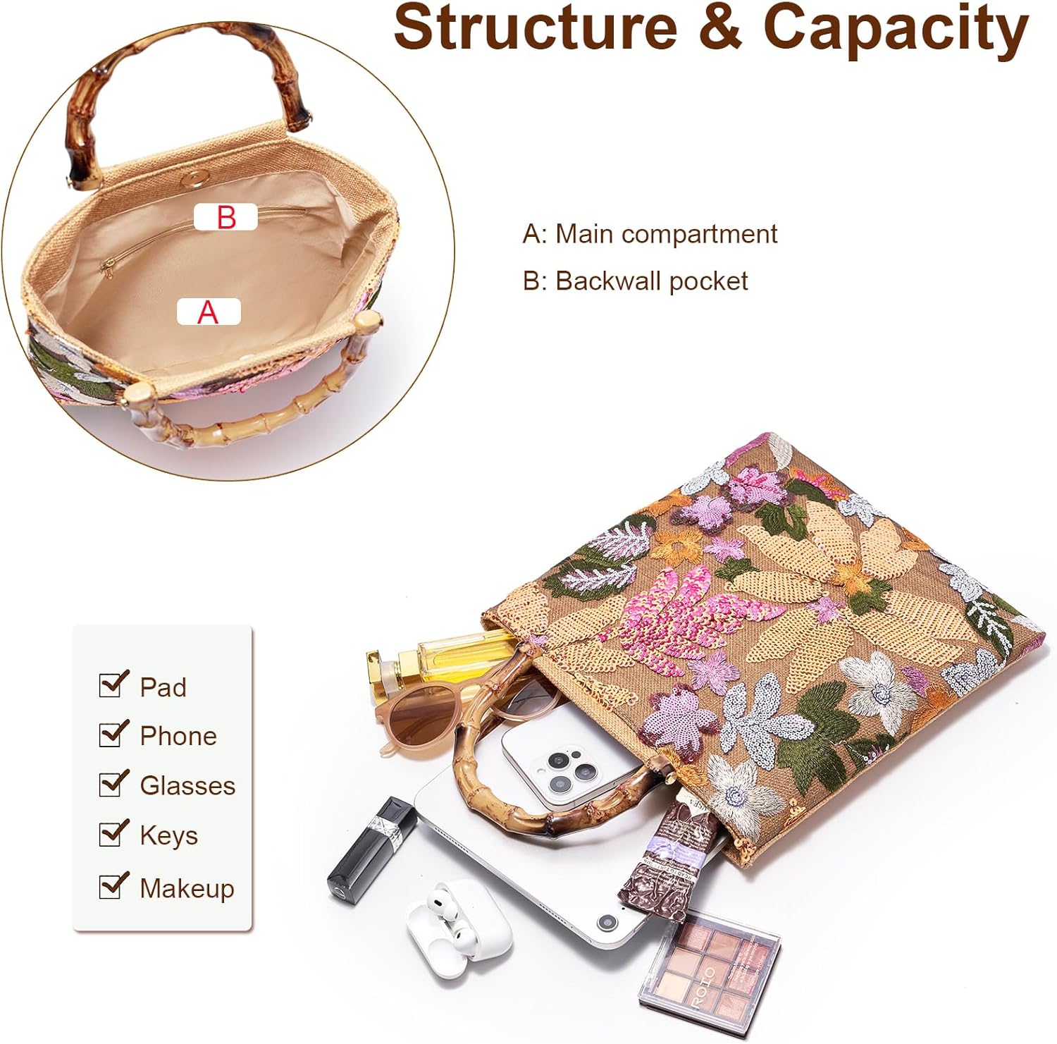 Sequin Embroidered Tote Bag, Floral Top Handbag Beaded Clutch Evening Purses - Image 4