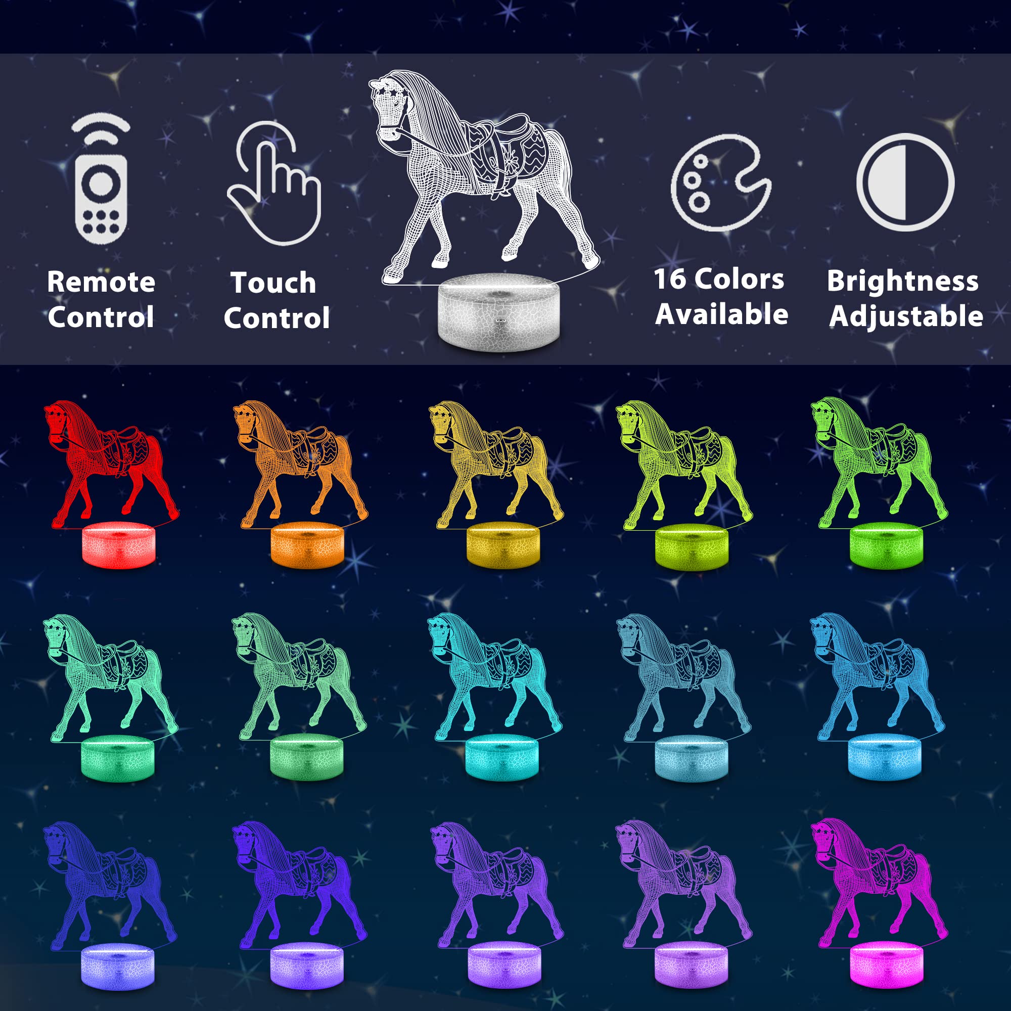 Lampada Notturna LED 3D Lampada Cavallo Telecomando 16 Colori Luci Notturne