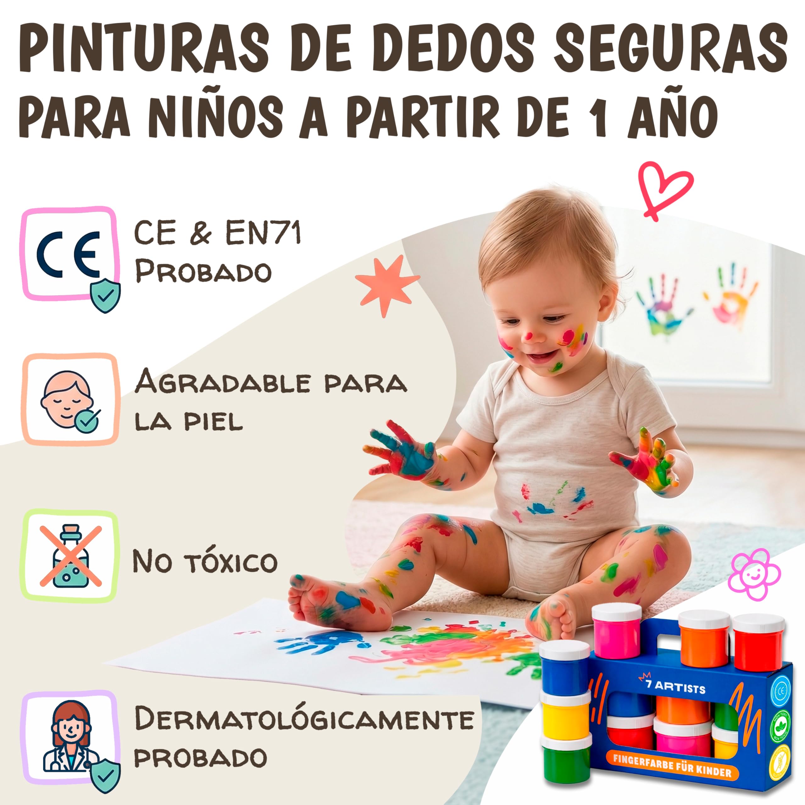 Pintura Dedos Bebe No Toxica Lavable 6x60ml – Pintura de Dedos Para Niños 1, 2, 3 años | Pintar con Manos y Pies | Pinta con Manos & Huellas Bebé Multi Superficia
